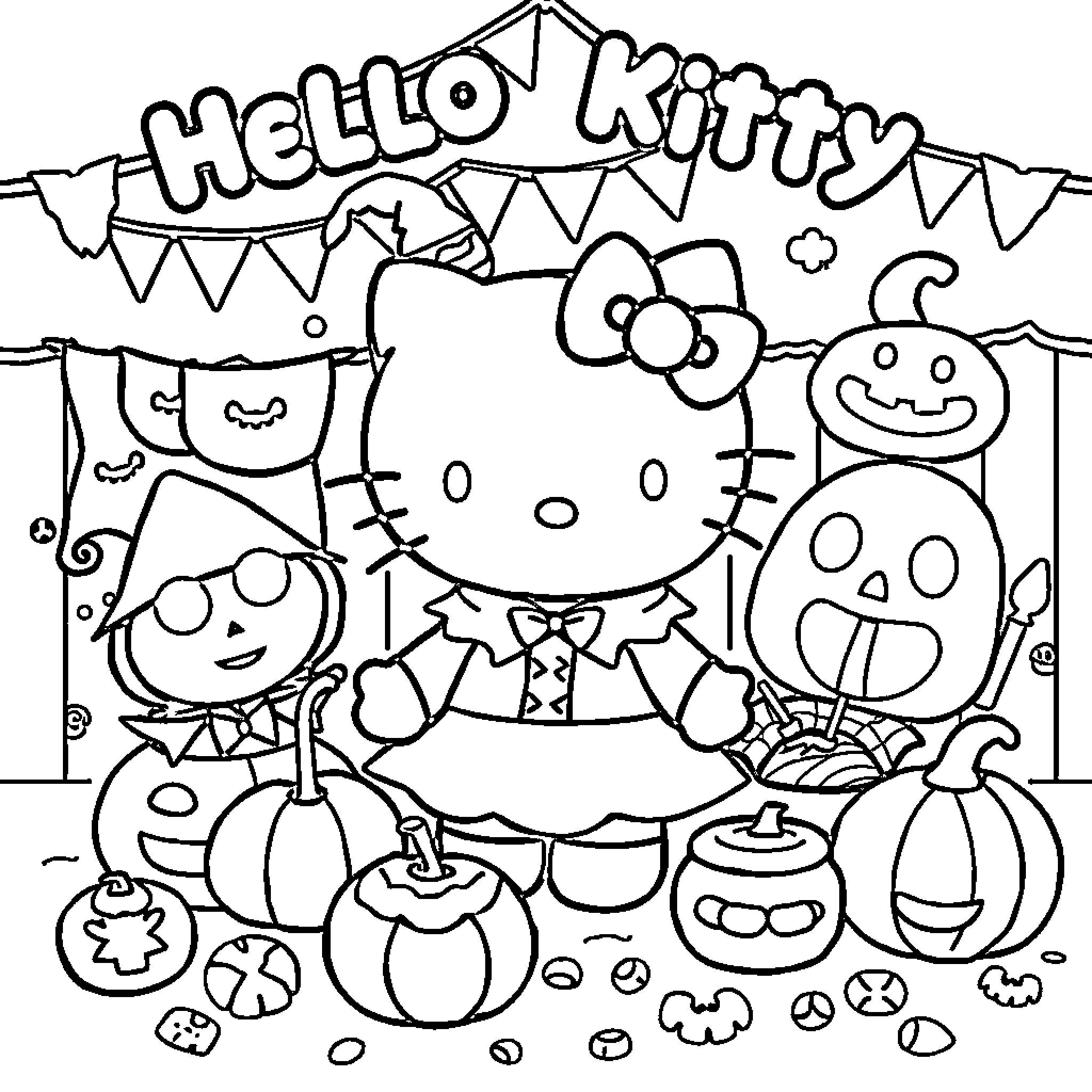 Hello Kitty and friends in a spooky scene Coloring Page (free black-and-white line drawing printable PDF for all, from beginners to advanced learners, including children, teens, adults, and seniors)