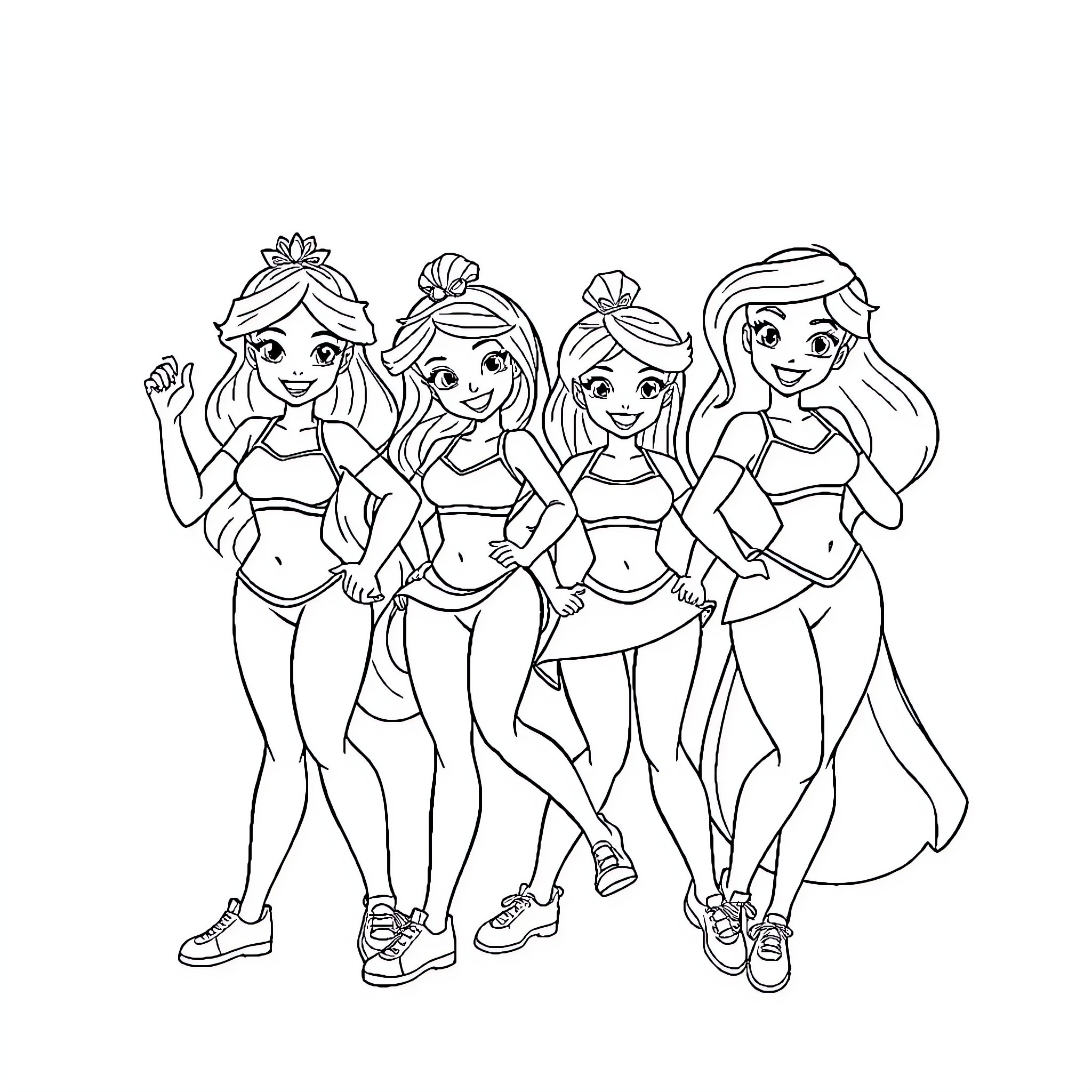 Disney Princesses in Active Sportswear Posing Together Coloring Page (free black-and-white line drawing printable PDF for all, from beginners to advanced learners, including children, teens, adults, and seniors)