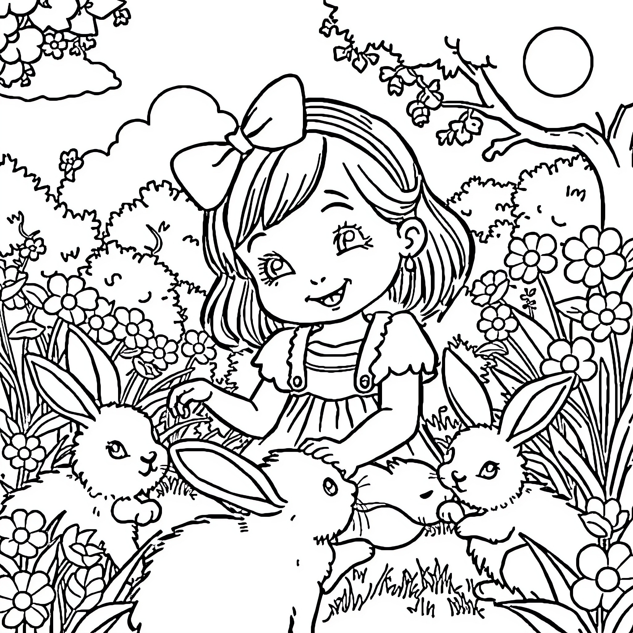 Girl with rabbits in a floral garden Coloring Page (free black-and-white line drawing printable PDF for all, from beginners to advanced learners, including children, teens, adults, and seniors)