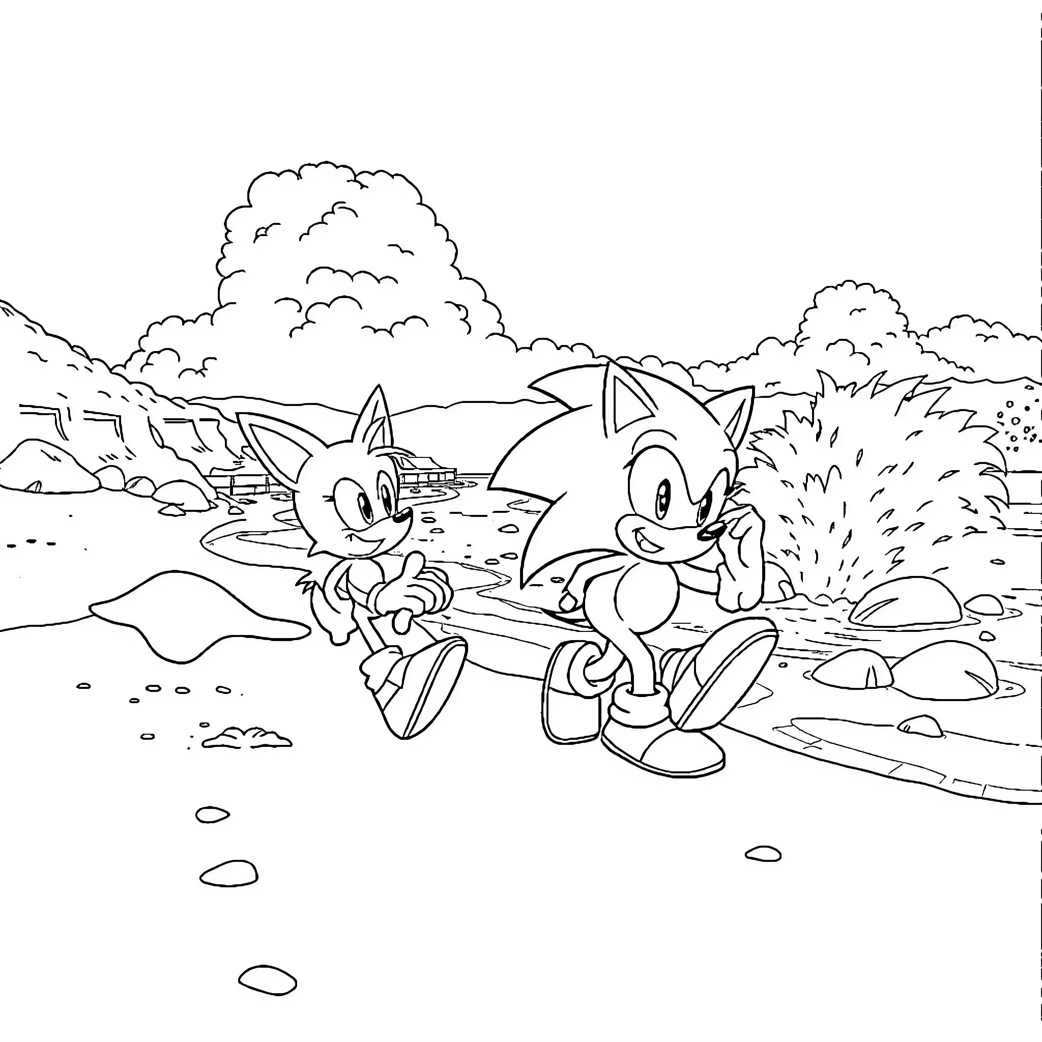 Tails enjoying the outdoors with Sonic Coloring Page (free black-and-white line drawing printable PDF for all, from beginners to advanced learners, including children, teens, adults, and seniors)