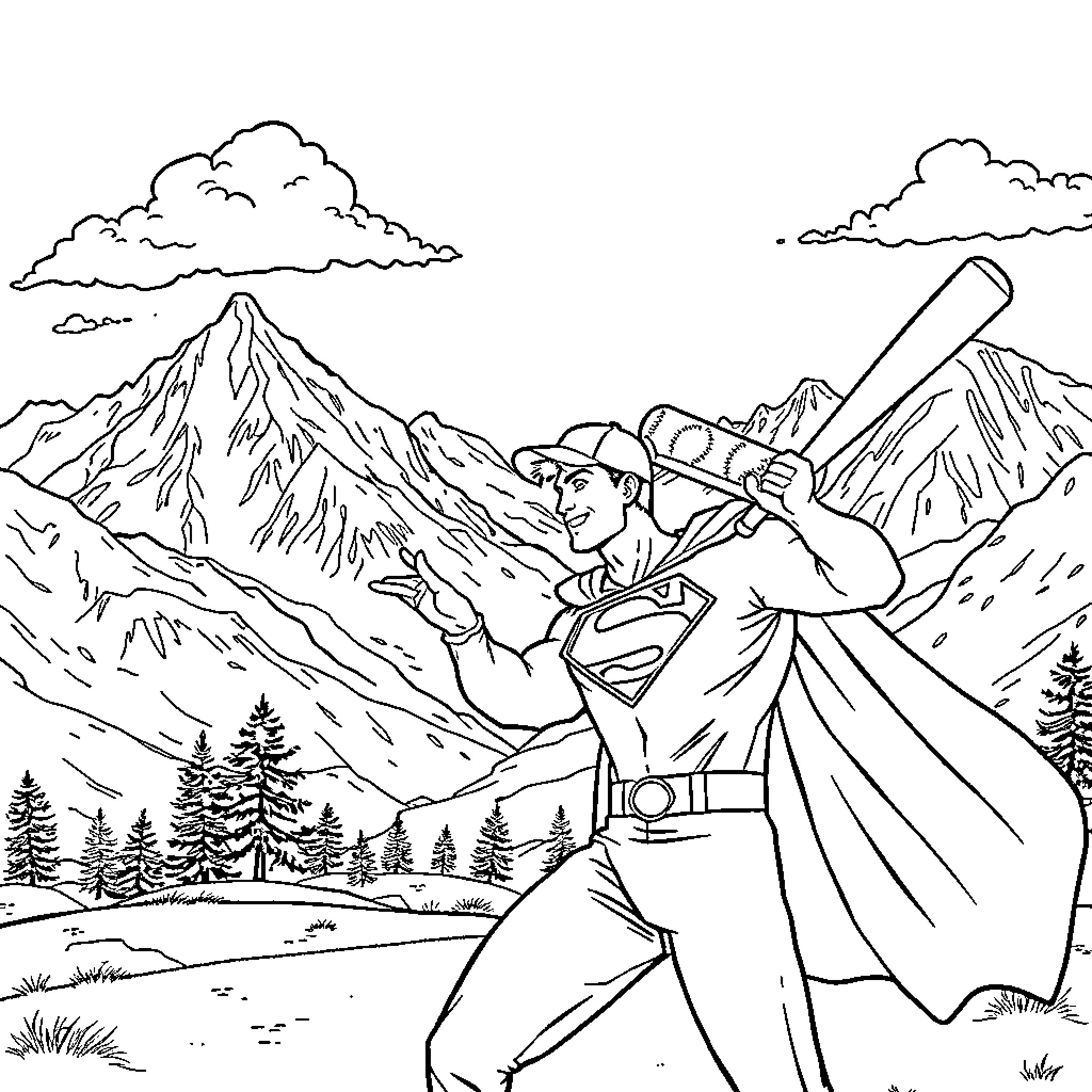 Superman heroically poses in the mountains Coloring Page (free black-and-white line drawing printable PDF for all, from beginners to advanced learners, including children, teens, adults, and seniors)