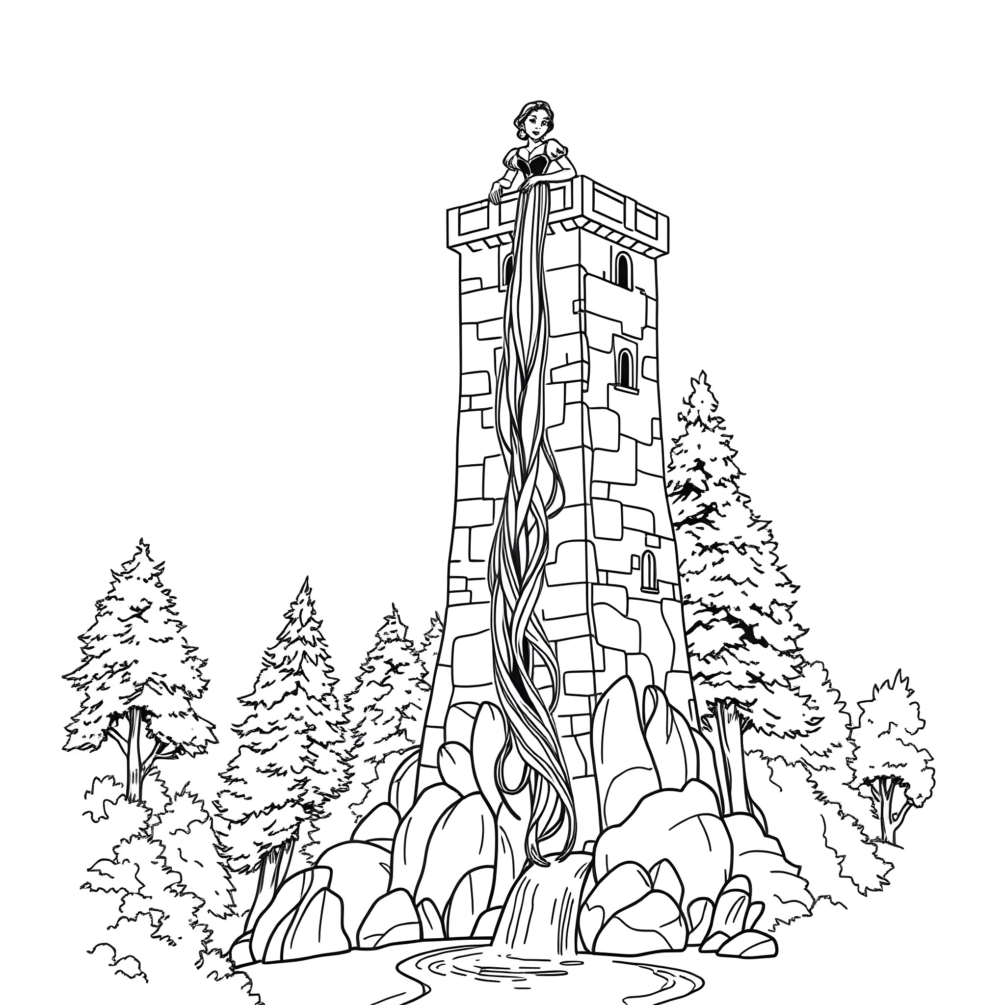 Rapunzel in her tower surrounded by pine trees Coloring Page (free black-and-white line drawing printable PDF for all, from beginners to advanced learners, including children, teens, adults, and seniors)