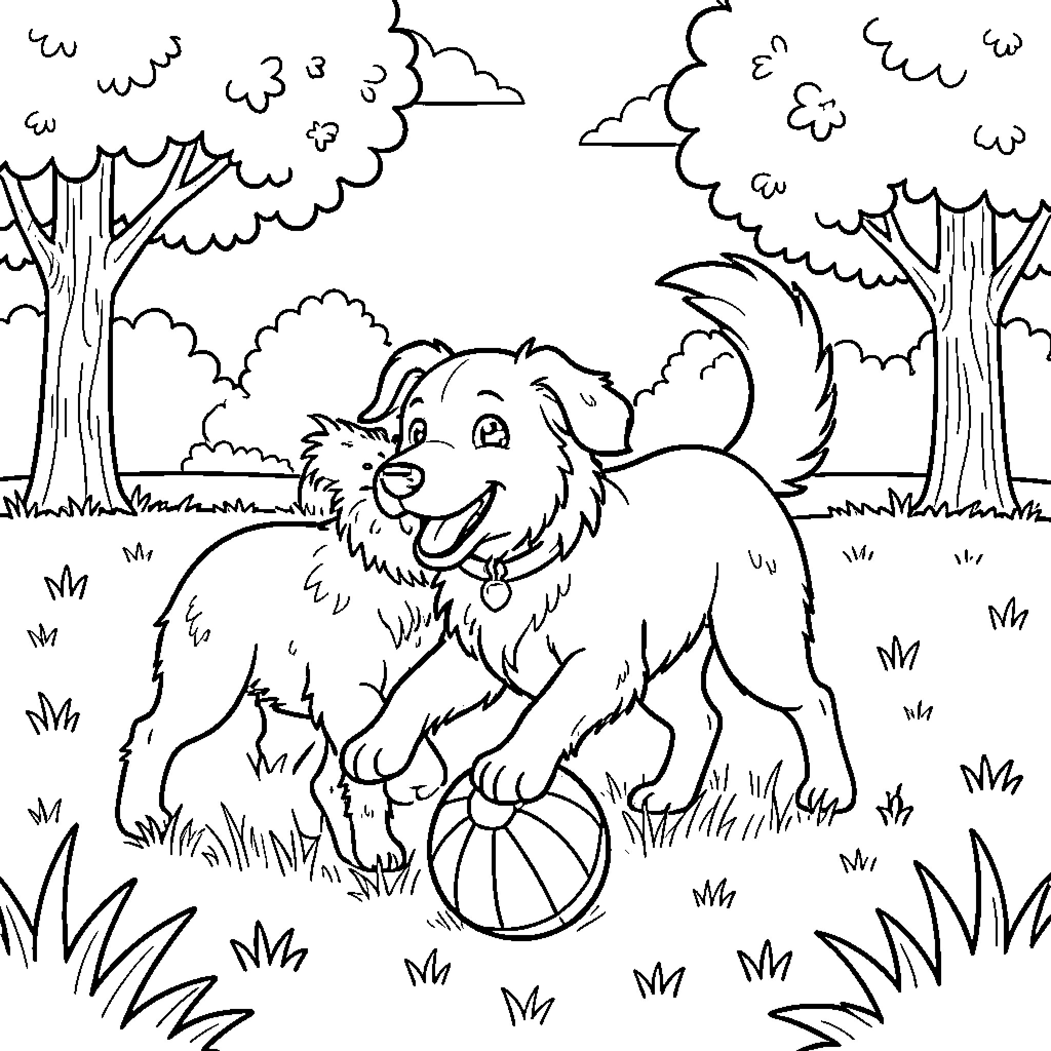 Dog playing with a ball in a grassy field Coloring Page (free black-and-white line drawing printable PDF for all, from beginners to advanced learners, including children, teens, adults, and seniors)