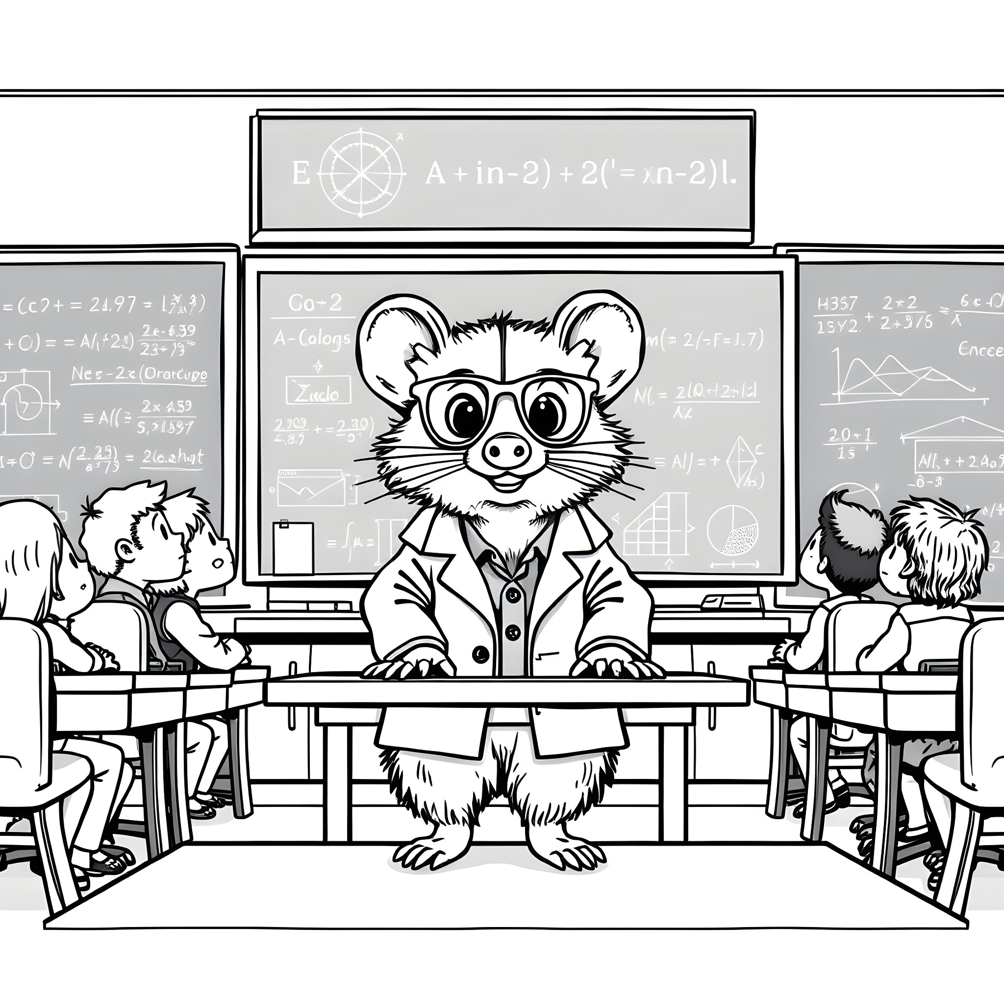 Opossum teaching math in the classroom Coloring Page (free black-and-white line drawing printable PDF for all, from beginners to advanced learners, including children, teens, adults, and seniors)