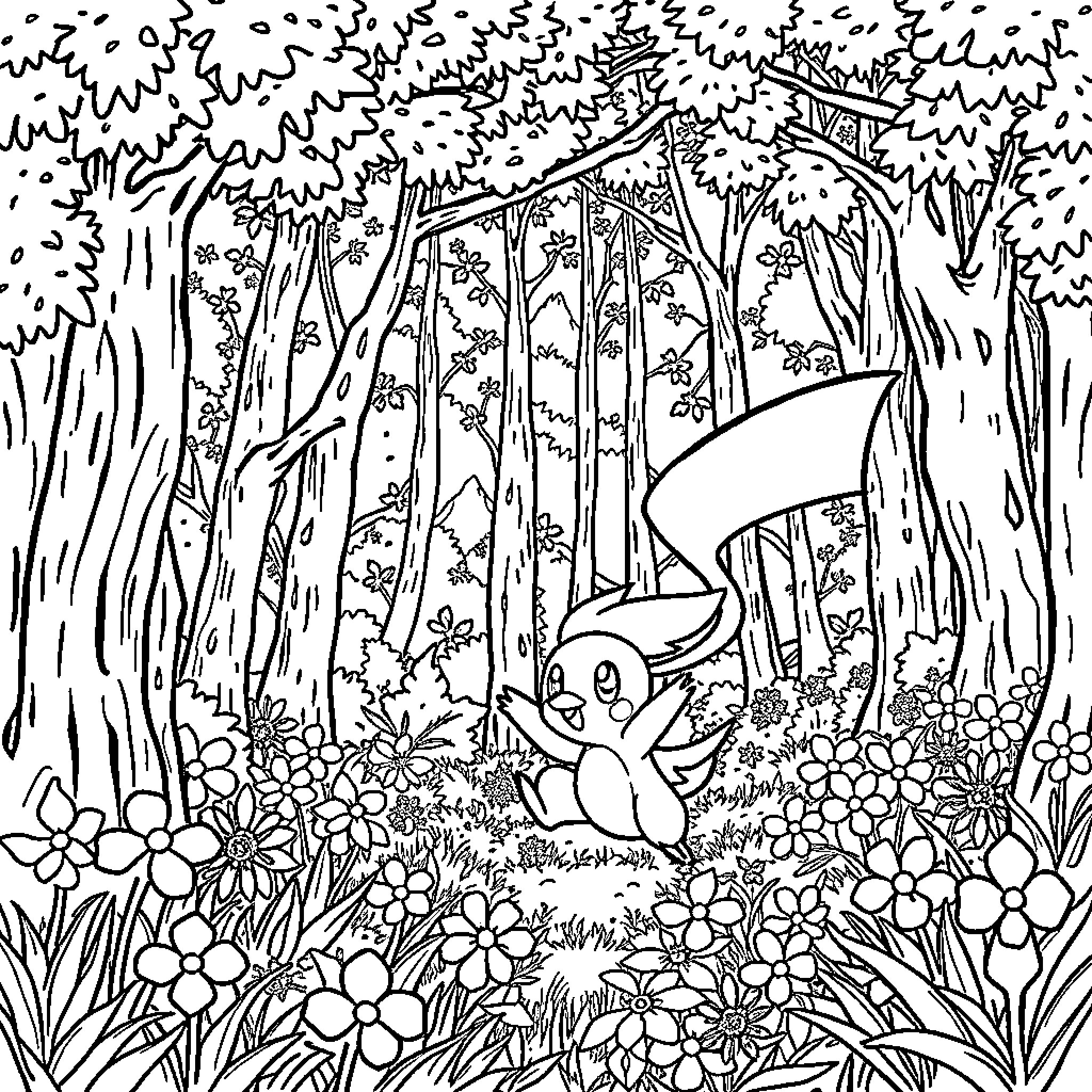 Pokémon exploring a floral forest landscape Coloring Page (free black-and-white line drawing printable PDF for all, from beginners to advanced learners, including children, teens, adults, and seniors)