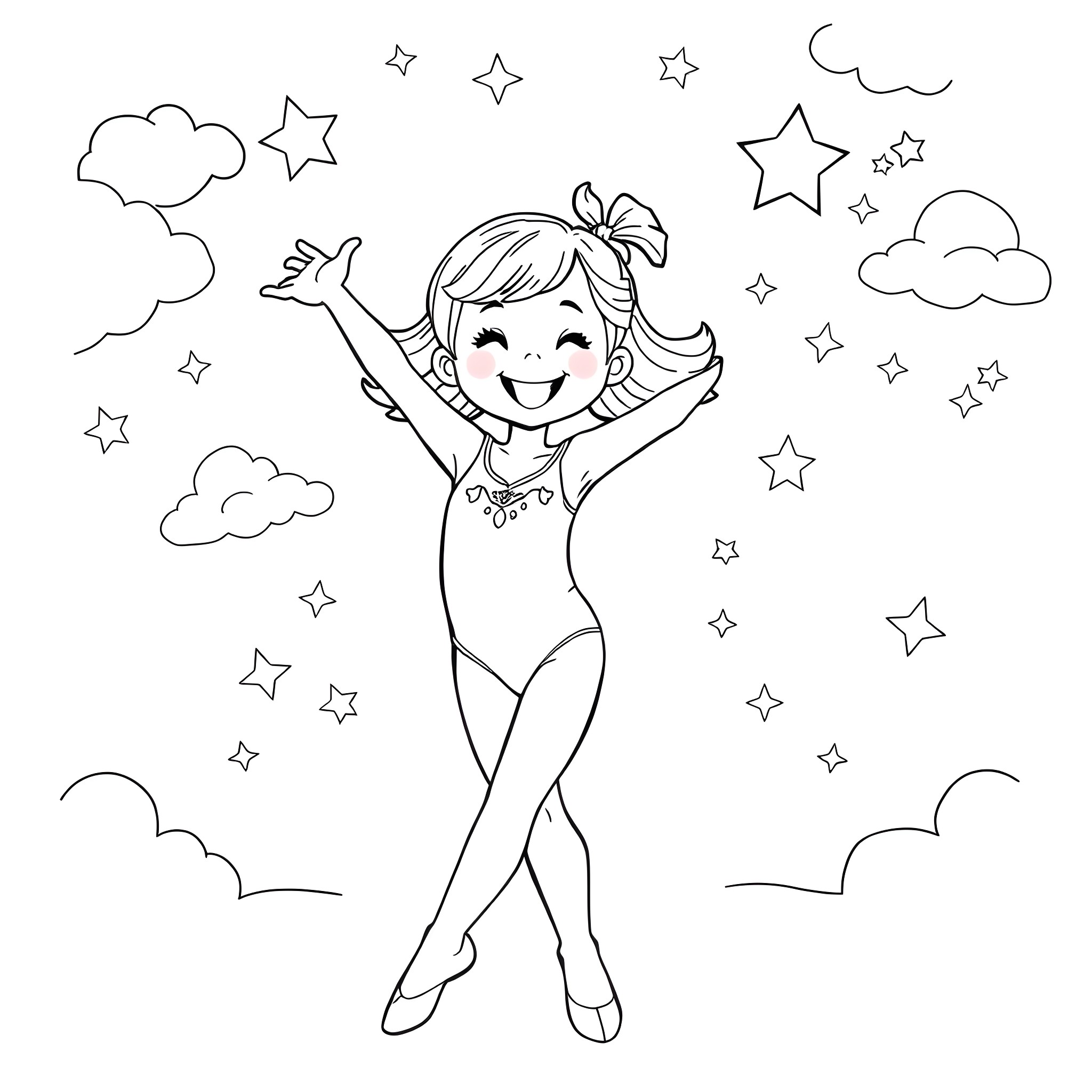 Girl joyfully dancing under the starry night sky Coloring Page (free black-and-white line drawing printable PDF for all, from beginners to advanced learners, including children, teens, adults, and seniors)