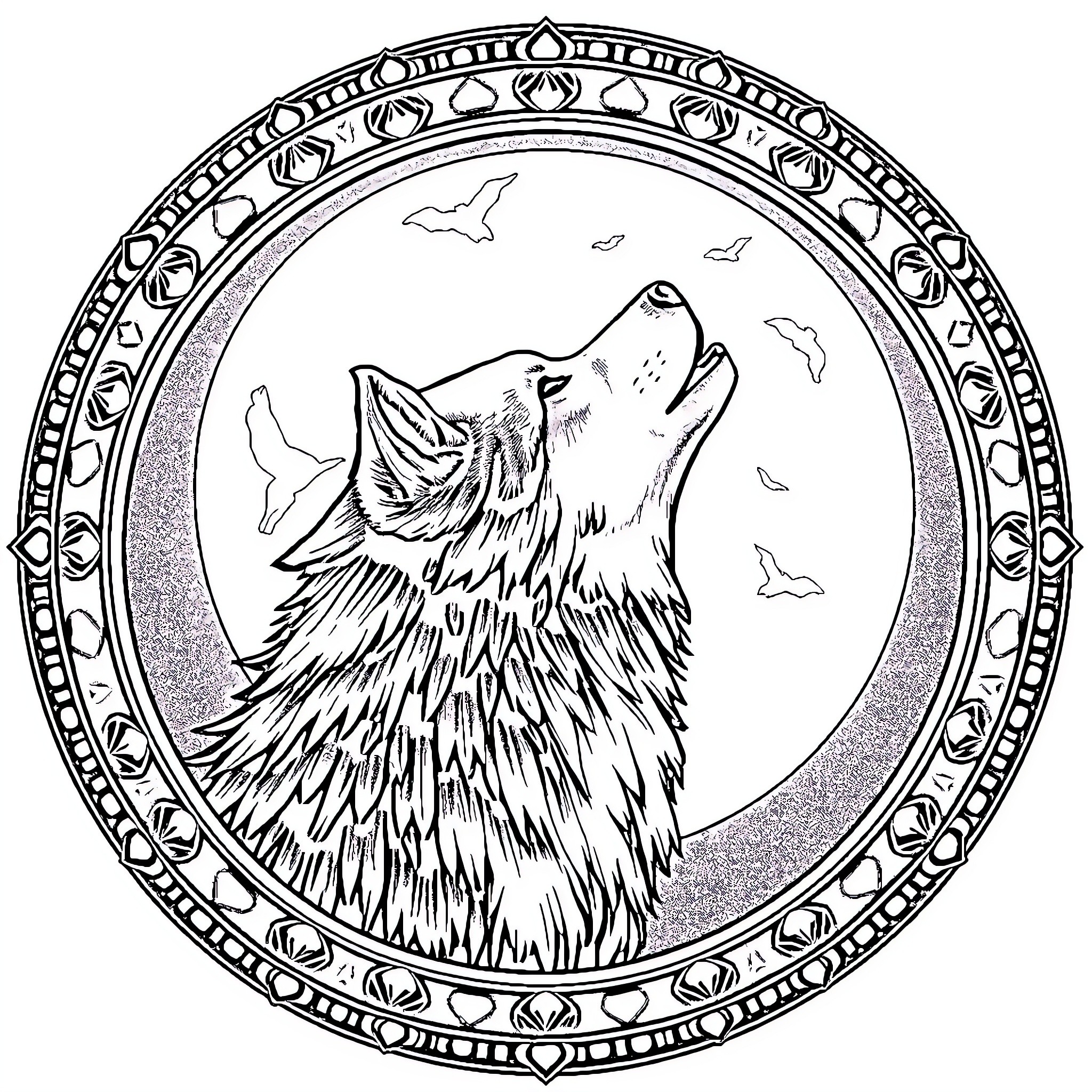 Wolf howling in the moonlight Coloring Page (free black-and-white line drawing printable PDF for all, from beginners to advanced learners, including children, teens, adults, and seniors)