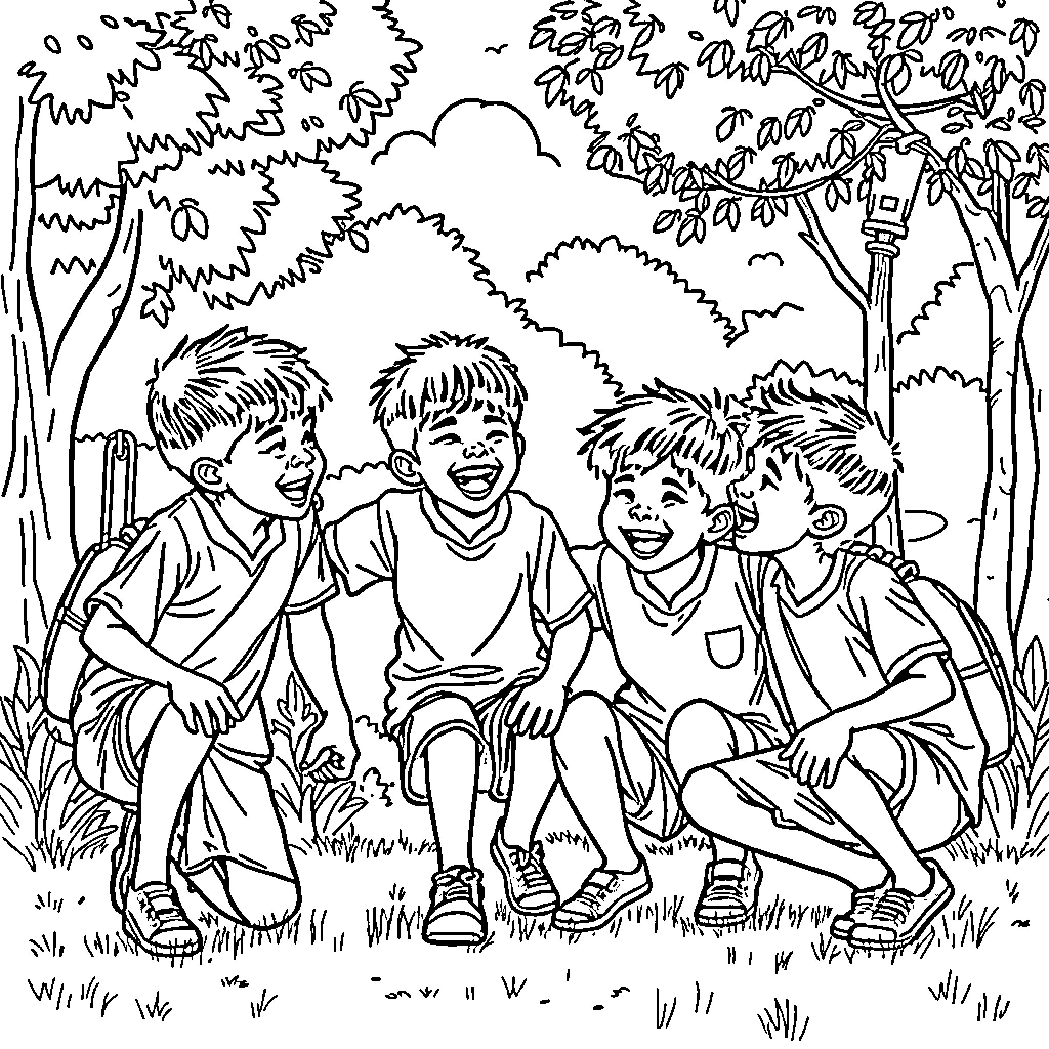 Saja Boy enjoying nature with friends Coloring Page (free black-and-white line drawing printable PDF for all, from beginners to advanced learners, including children, teens, adults, and seniors)