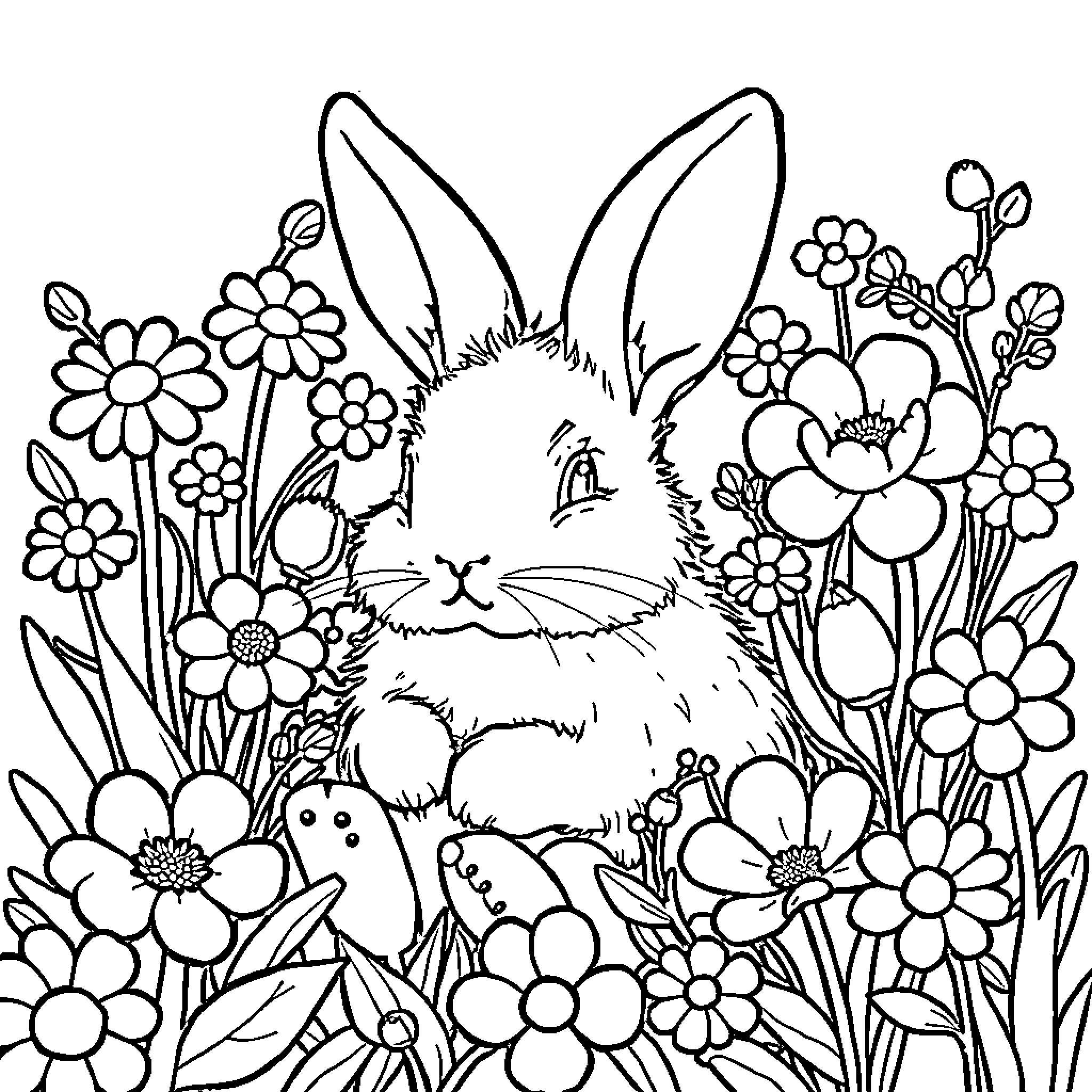 Bunny among the flowery meadow Coloring Page (free black-and-white line drawing printable PDF for all, from beginners to advanced learners, including children, teens, adults, and seniors)