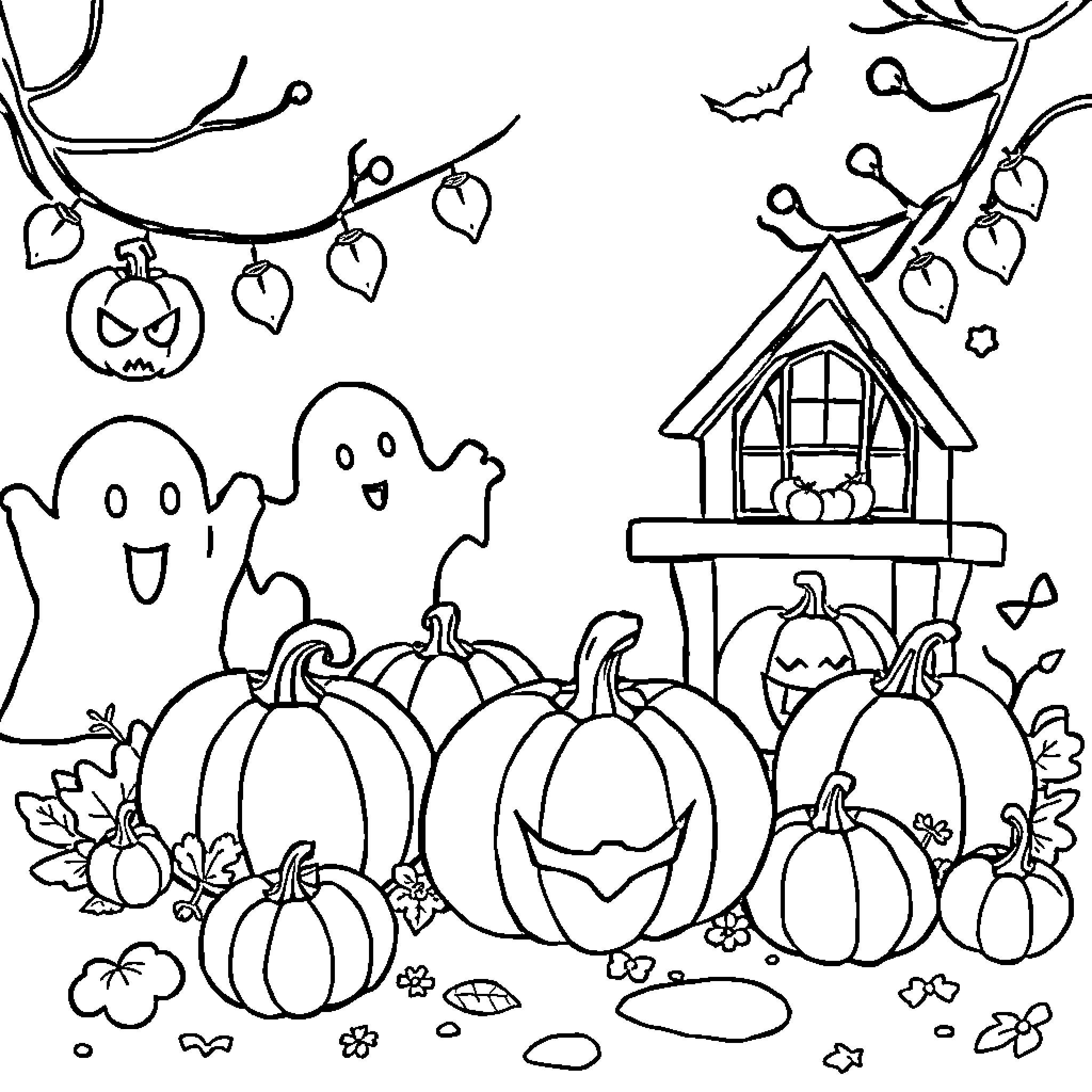 Halloween Pumpkins, Ghosts, and Spooky Decorations Coloring Page (free black-and-white line drawing printable PDF for all, from beginners to advanced learners, including children, teens, adults, and seniors)