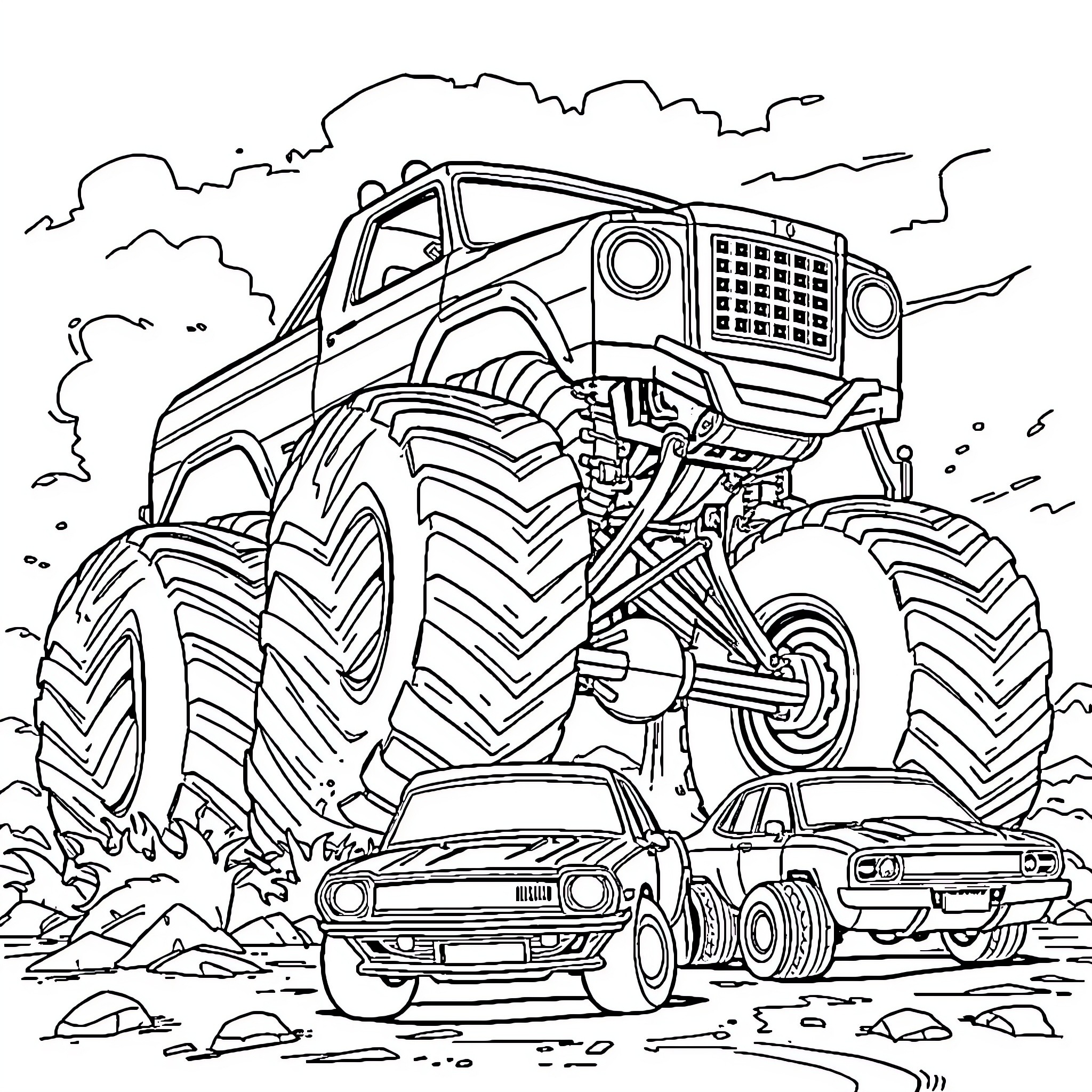 Monster Truck Crushing Small Cars in Muddy Terrain Coloring Page (free black-and-white line drawing printable PDF for all, from beginners to advanced learners, including children, teens, adults, and seniors)