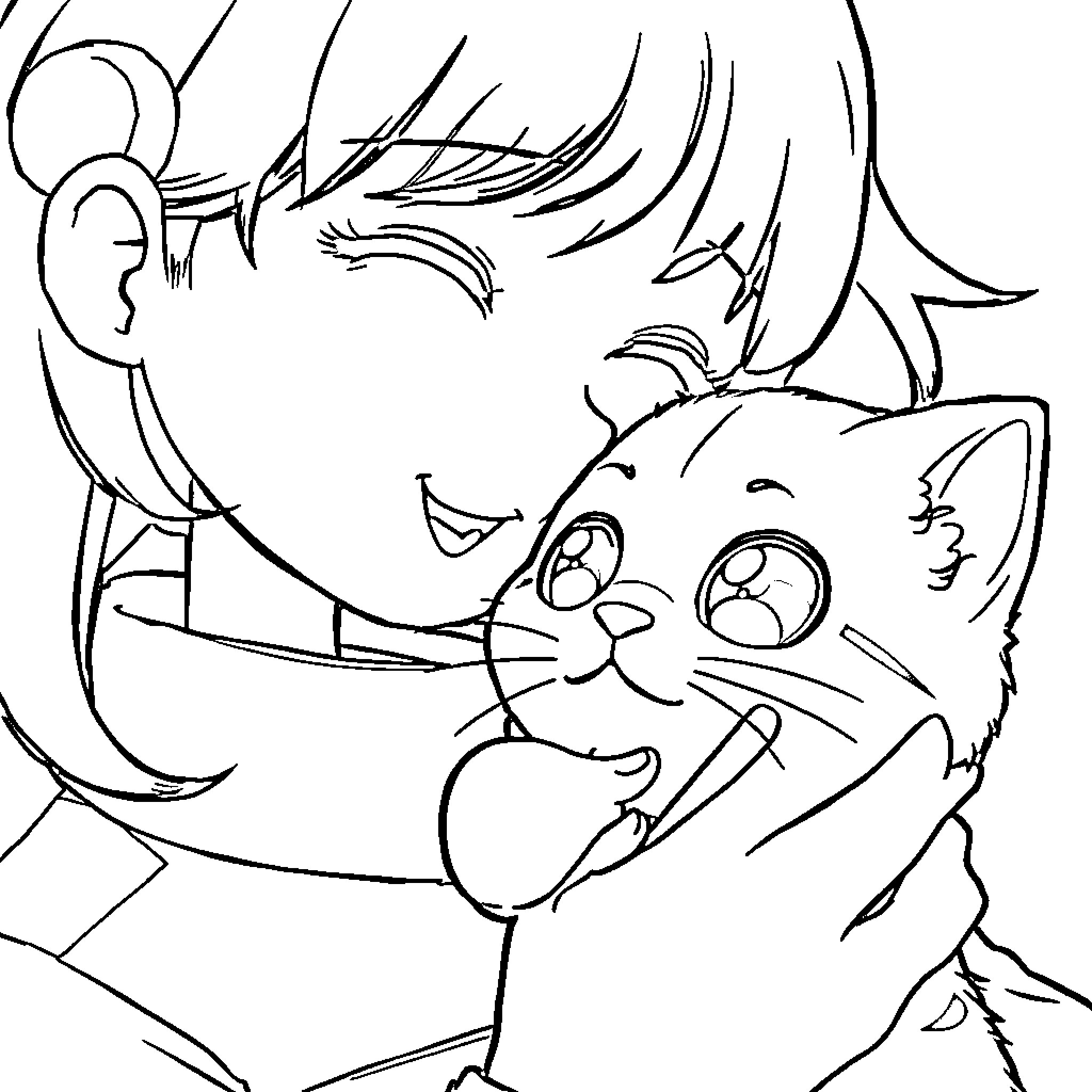 Among Us characters interacting with a playful cat Coloring Page (free black-and-white line drawing printable PDF for all, from beginners to advanced learners, including children, teens, adults, and seniors)