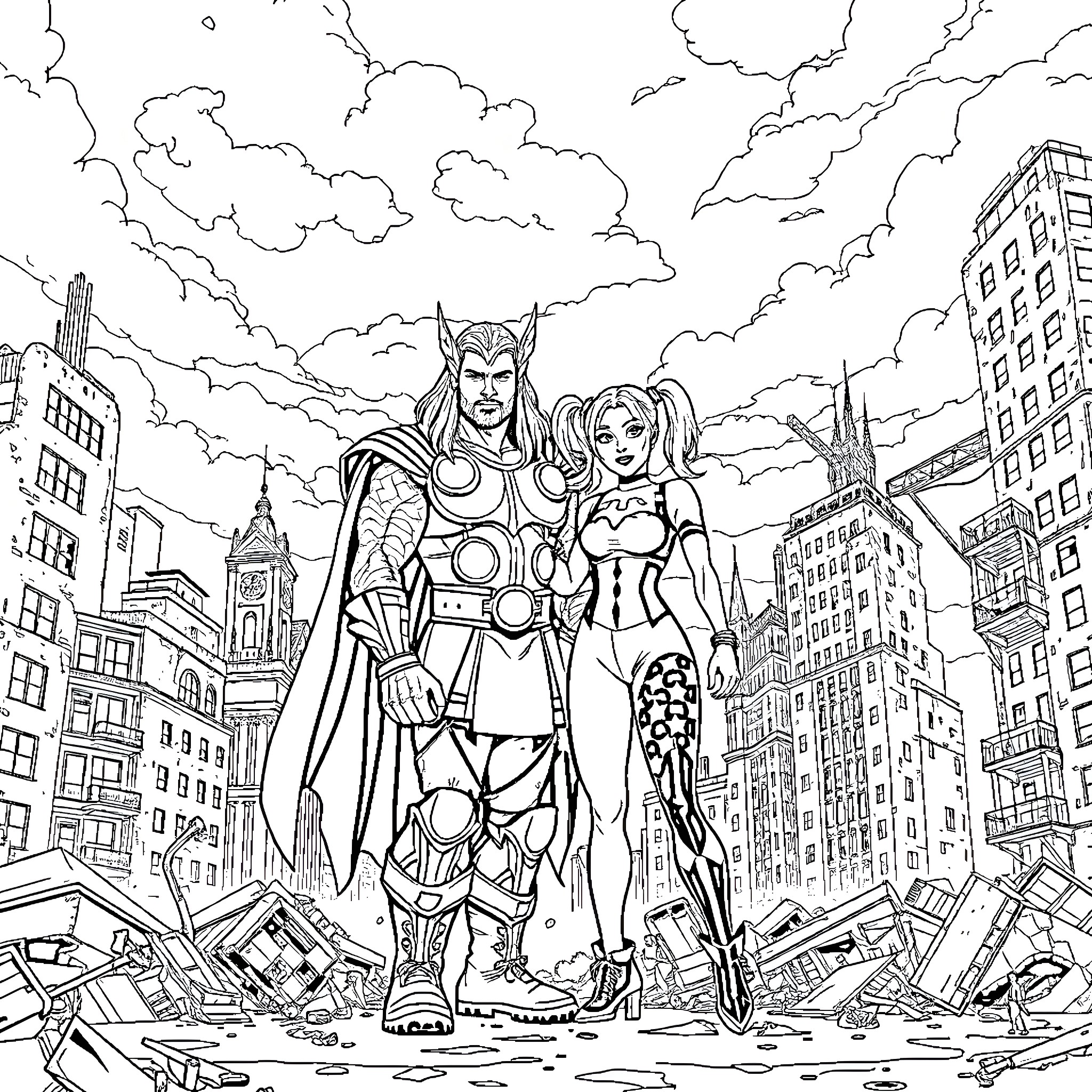 Thor and Companion Battling in Ruined City Coloring Page (free black-and-white line drawing printable PDF for all, from beginners to advanced learners, including children, teens, adults, and seniors)