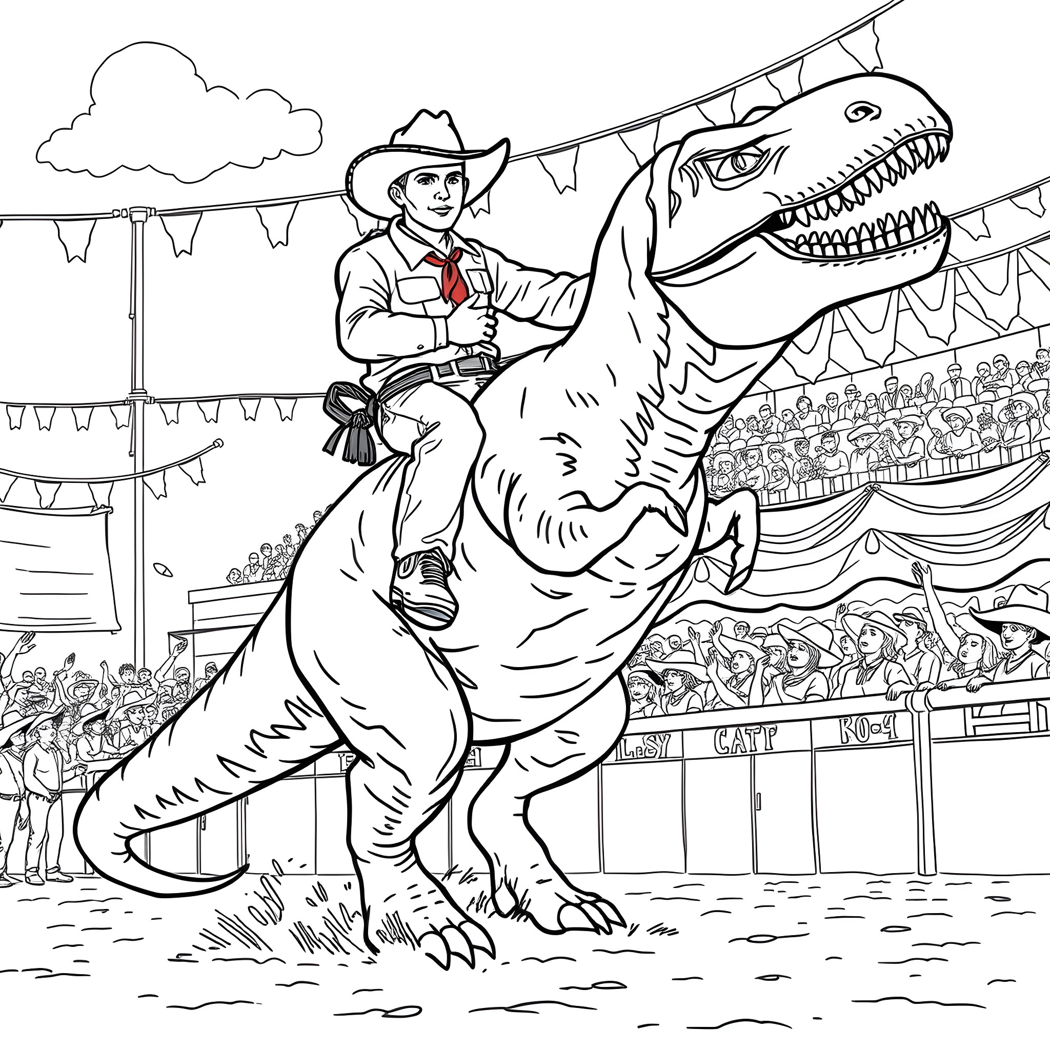 Cowboy riding a Fearsome Dinosaur at the Rodeo Coloring Page (free black-and-white line drawing printable PDF for all, from beginners to advanced learners, including children, teens, adults, and seniors)