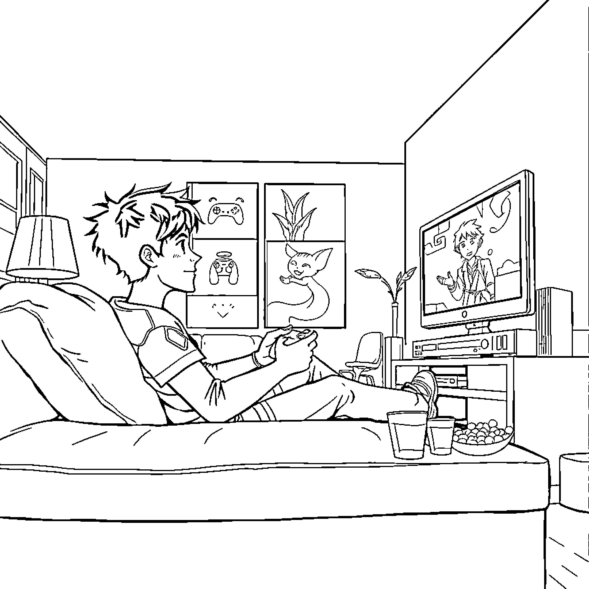 Percy Jackson's Cozy Game Room Adventure Coloring Page (free black-and-white line drawing printable PDF for all, from beginners to advanced learners, including children, teens, adults, and seniors)