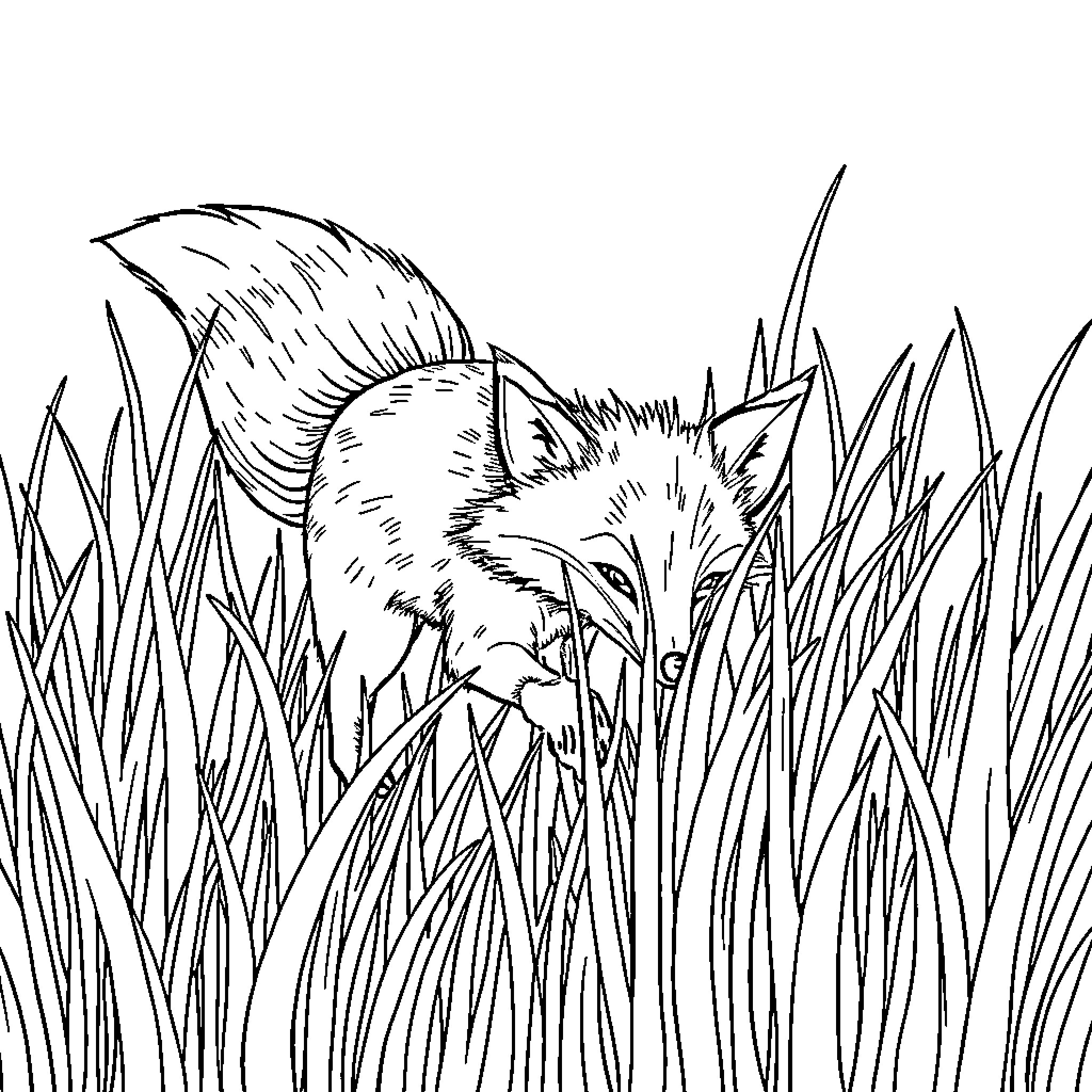 Fox hiding in tall grass Coloring Page (free black-and-white line drawing printable PDF for all, from beginners to advanced learners, including children, teens, adults, and seniors)