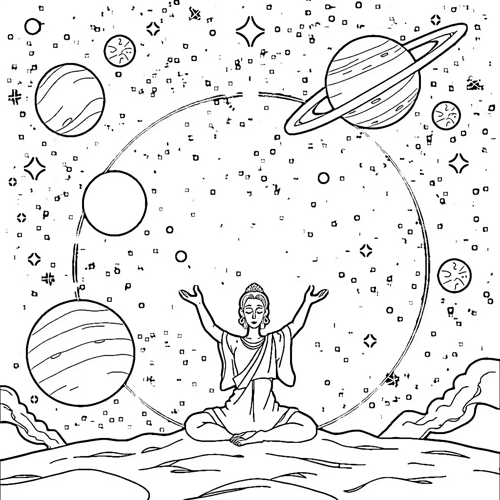 Ayanokoji's Cosmic Meditation Coloring Page (free black-and-white line drawing printable PDF for all, from beginners to advanced learners, including children, teens, adults, and seniors)