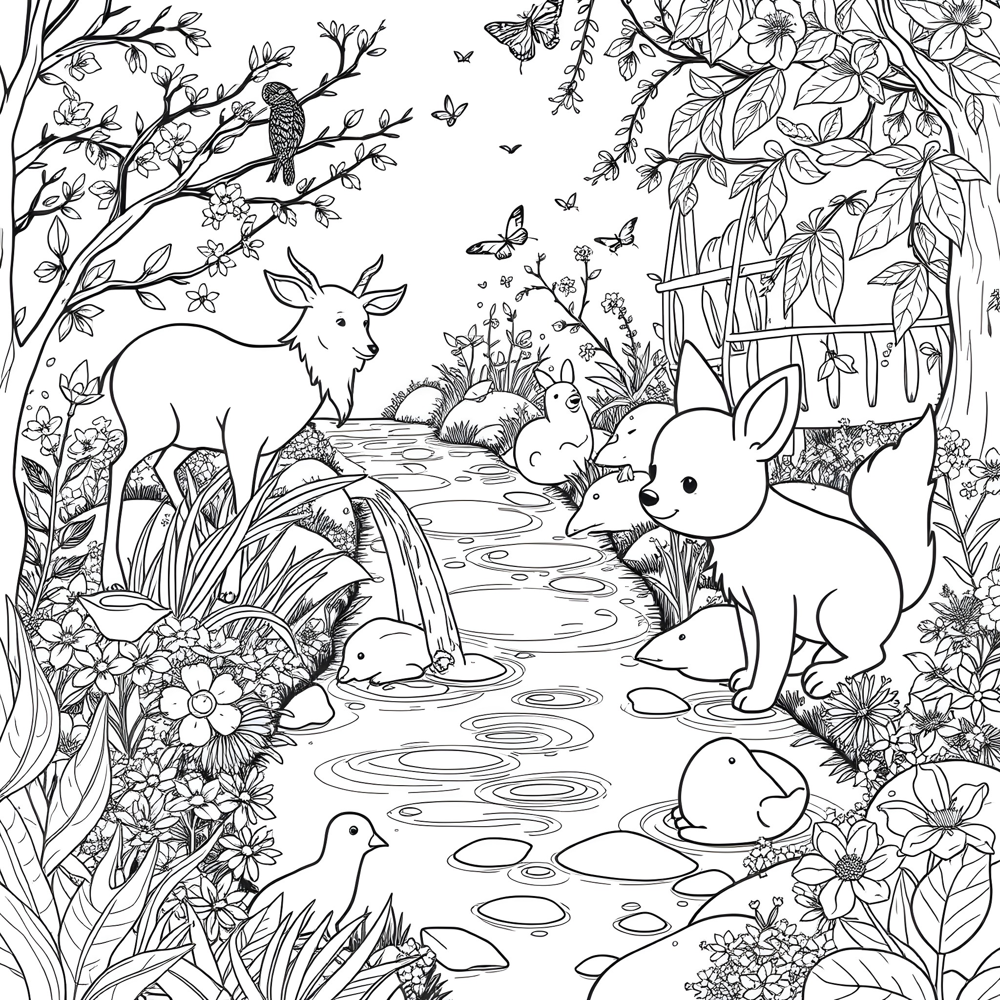 Nature's Enchanting Woodland Scene Coloring Page (free black-and-white line drawing printable PDF for all, from beginners to advanced learners, including children, teens, adults, and seniors)