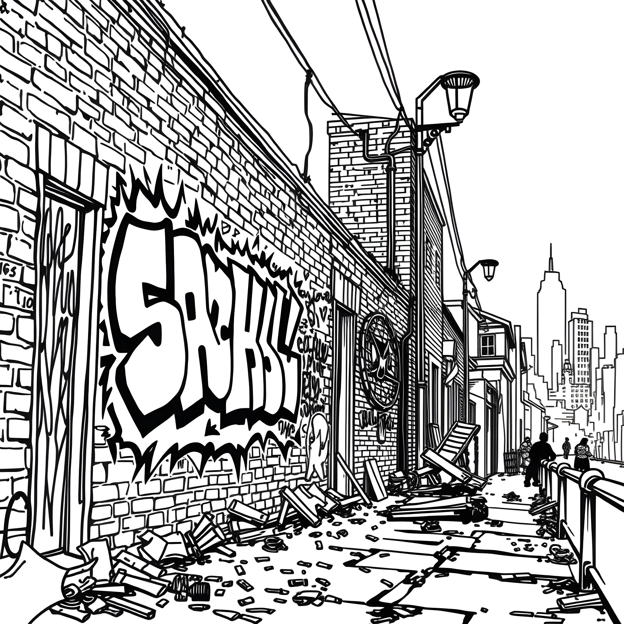 Graffiti-covered alley with urban decay and debris Coloring Page (free black-and-white line drawing printable PDF for all, from beginners to advanced learners, including children, teens, adults, and seniors)