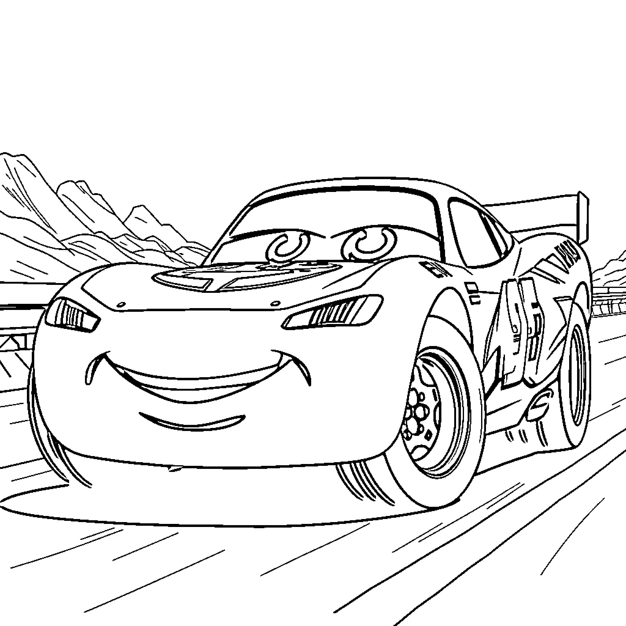 Truck racing through the desert landscape Coloring Page (free black-and-white line drawing printable PDF for all, from beginners to advanced learners, including children, teens, adults, and seniors)