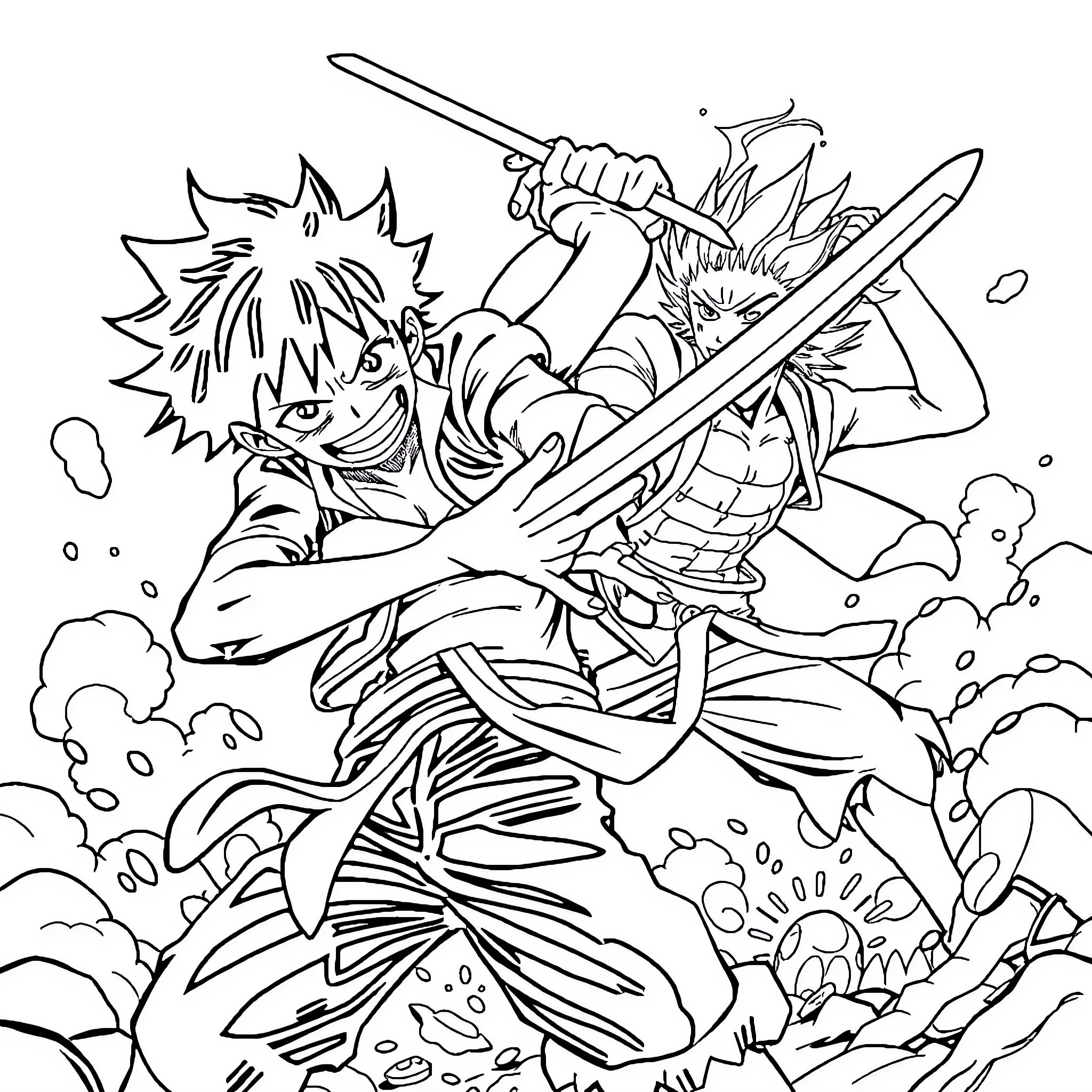 Luffy's Fierce Battle with Intense Action Coloring Page (free black-and-white line drawing printable PDF for all, from beginners to advanced learners, including children, teens, adults, and seniors)