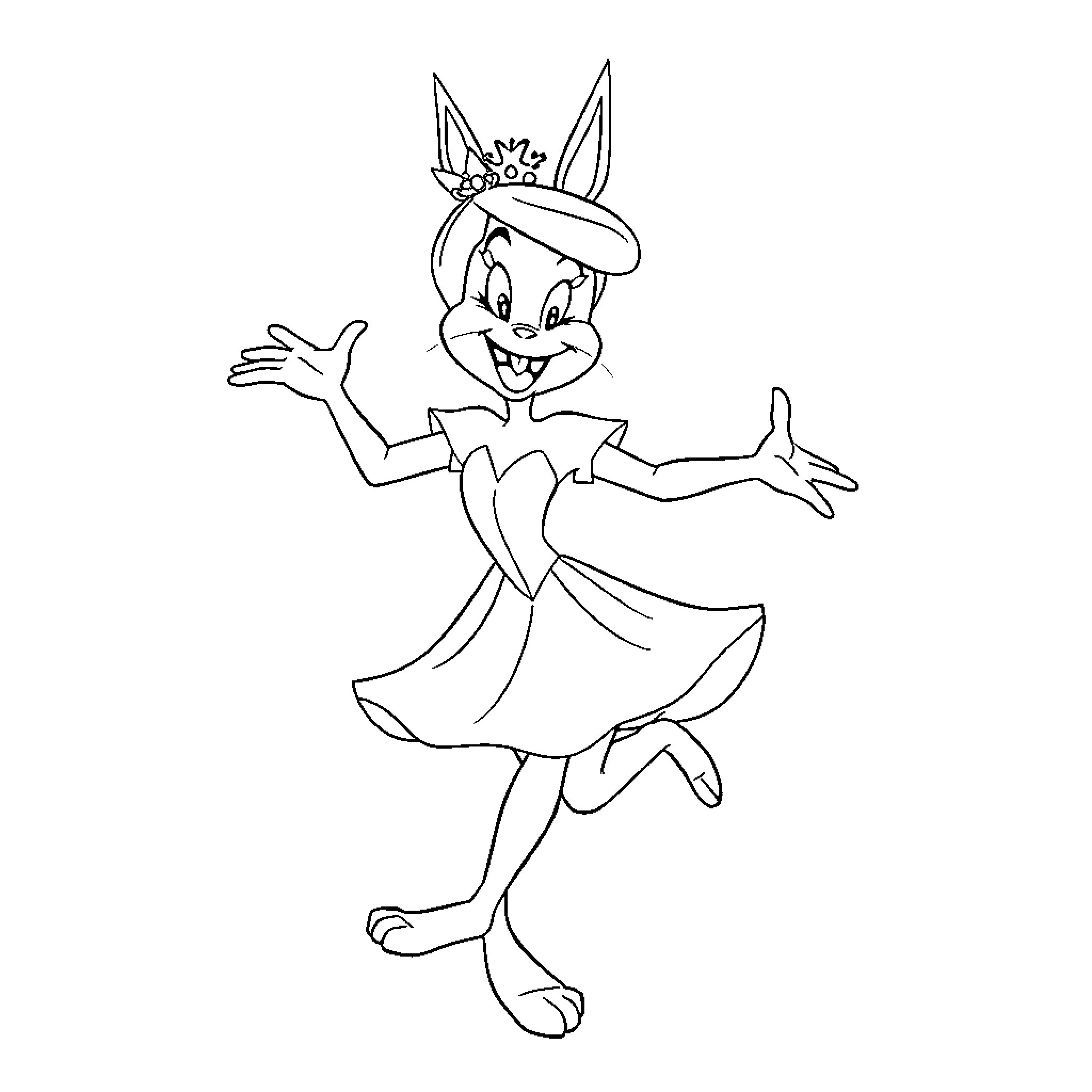 Princess Rabbit Dancing in Celebration Coloring Page (free black-and-white line drawing printable PDF for all, from beginners to advanced learners, including children, teens, adults, and seniors)