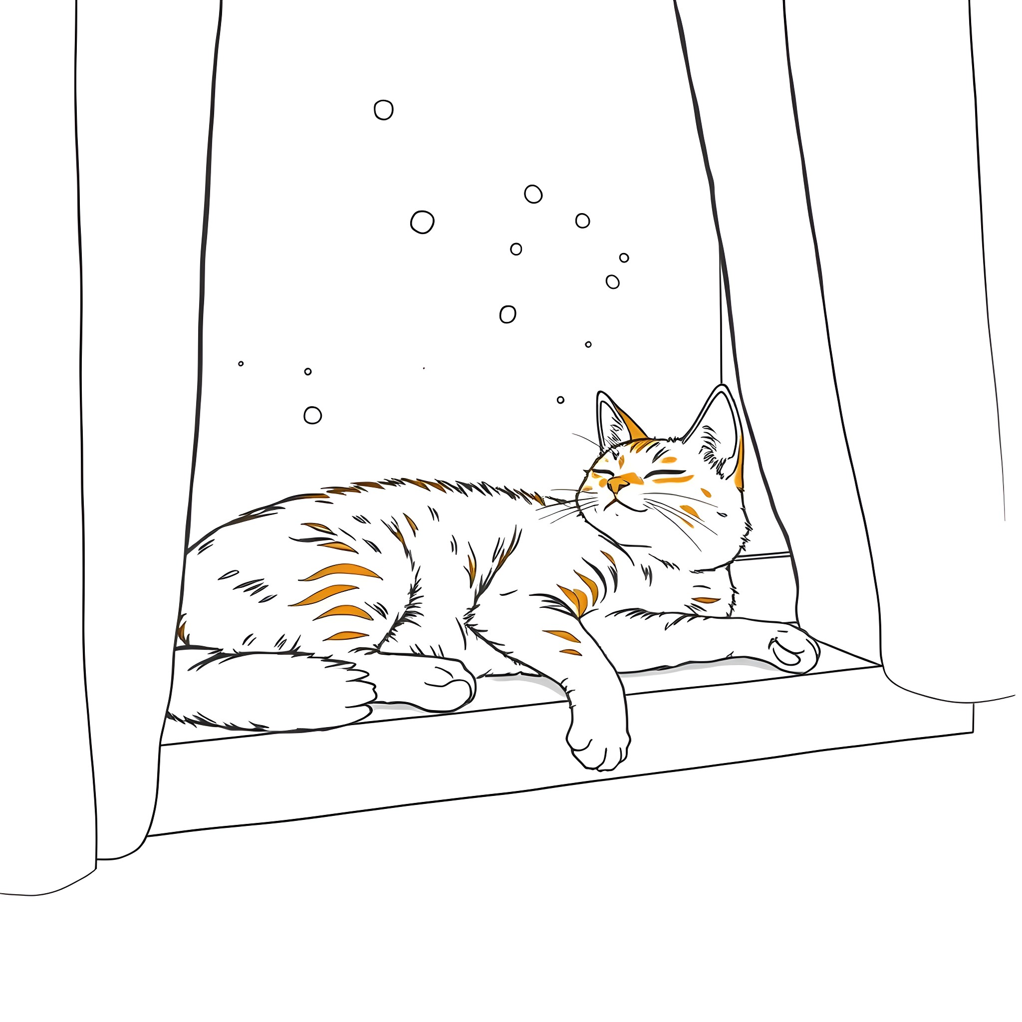 Cat napping in a cozy window Coloring Page (free black-and-white line drawing printable PDF for all, from beginners to advanced learners, including children, teens, adults, and seniors)