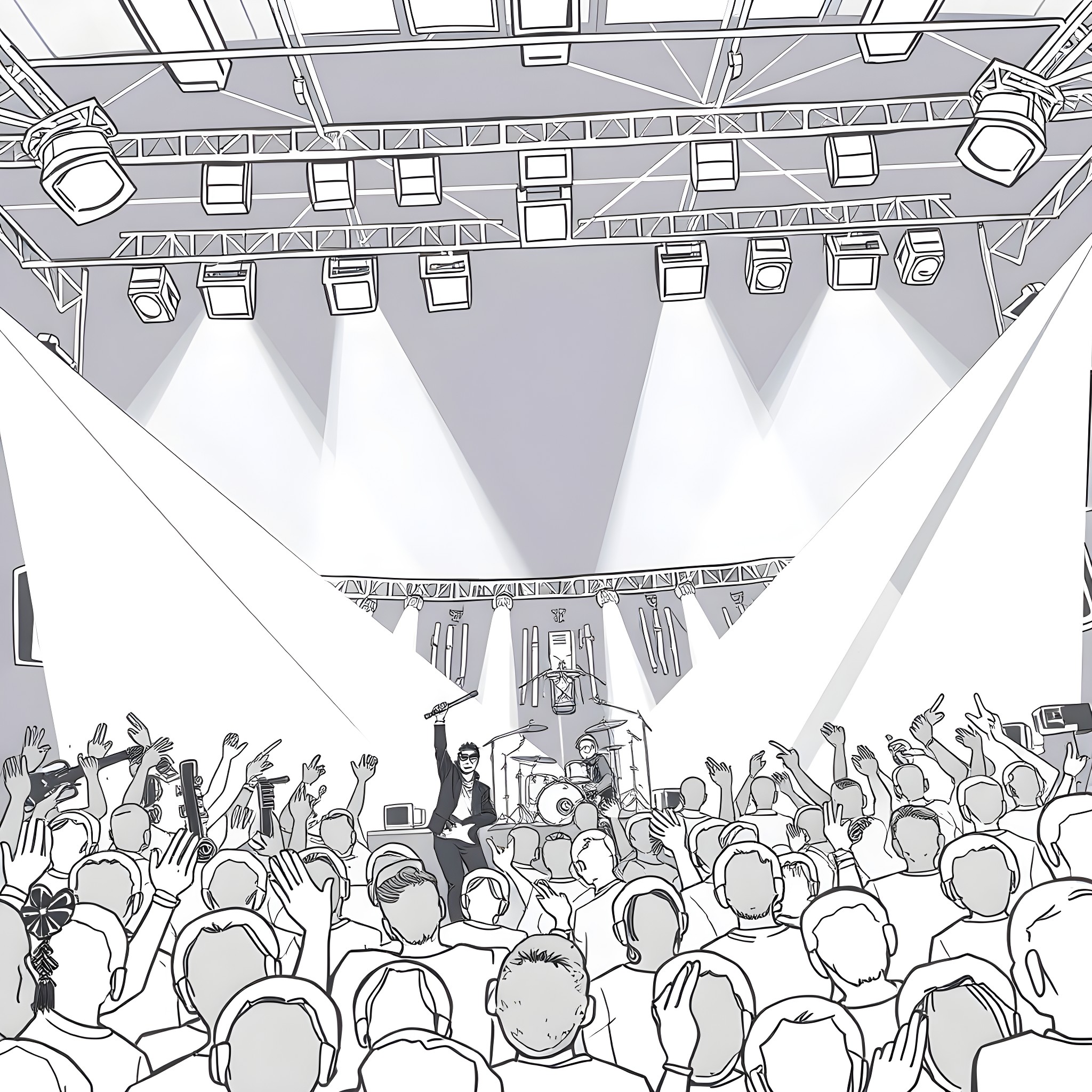 Concert of energetic crowd enjoying performance on stage Coloring Page (free black-and-white line drawing printable PDF for all, from beginners to advanced learners, including children, teens, adults, and seniors)