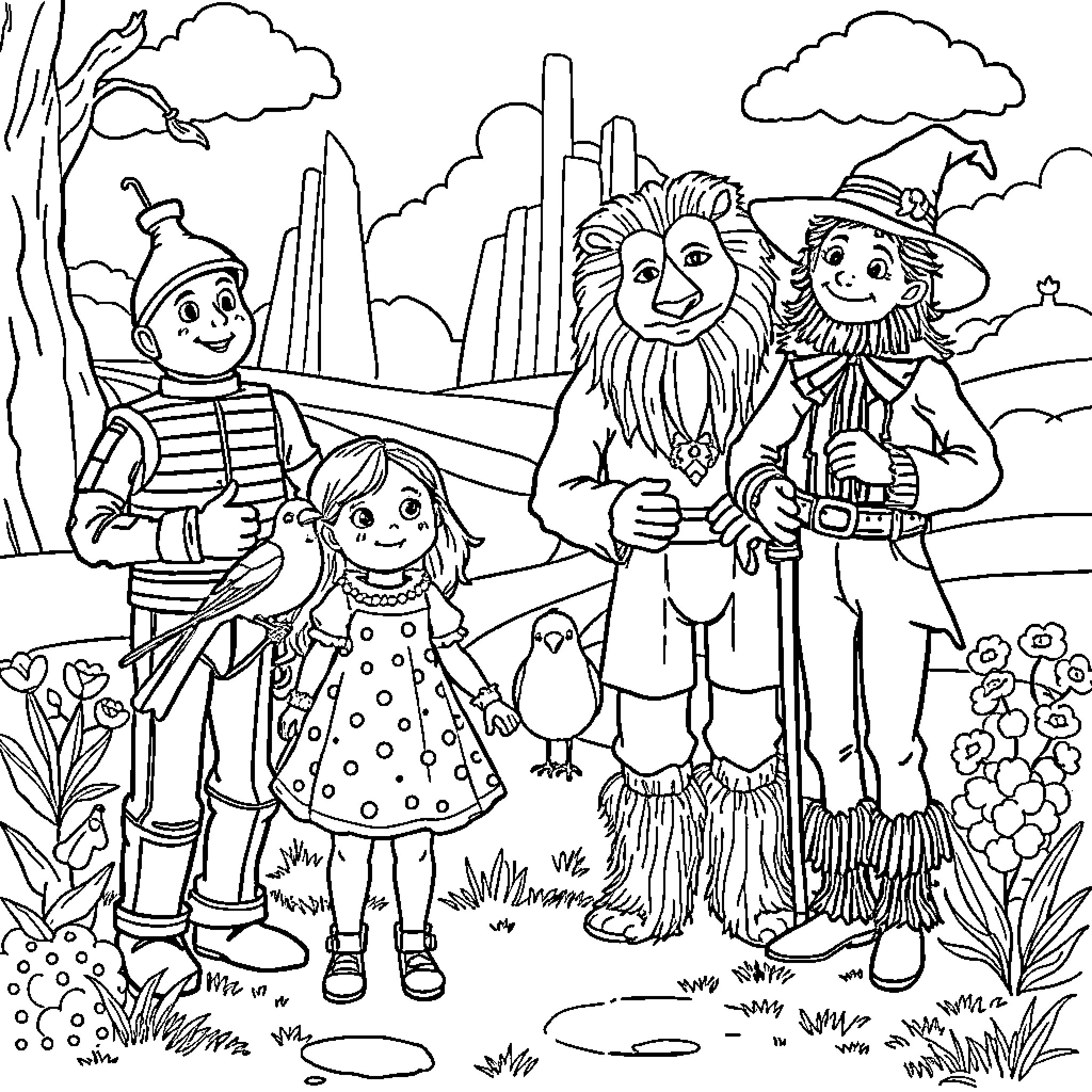 Girl in Polka Dot Dress Exploring Magical Land with Friends Coloring Page (free black-and-white line drawing printable PDF for all, from beginners to advanced learners, including children, teens, adults, and seniors)