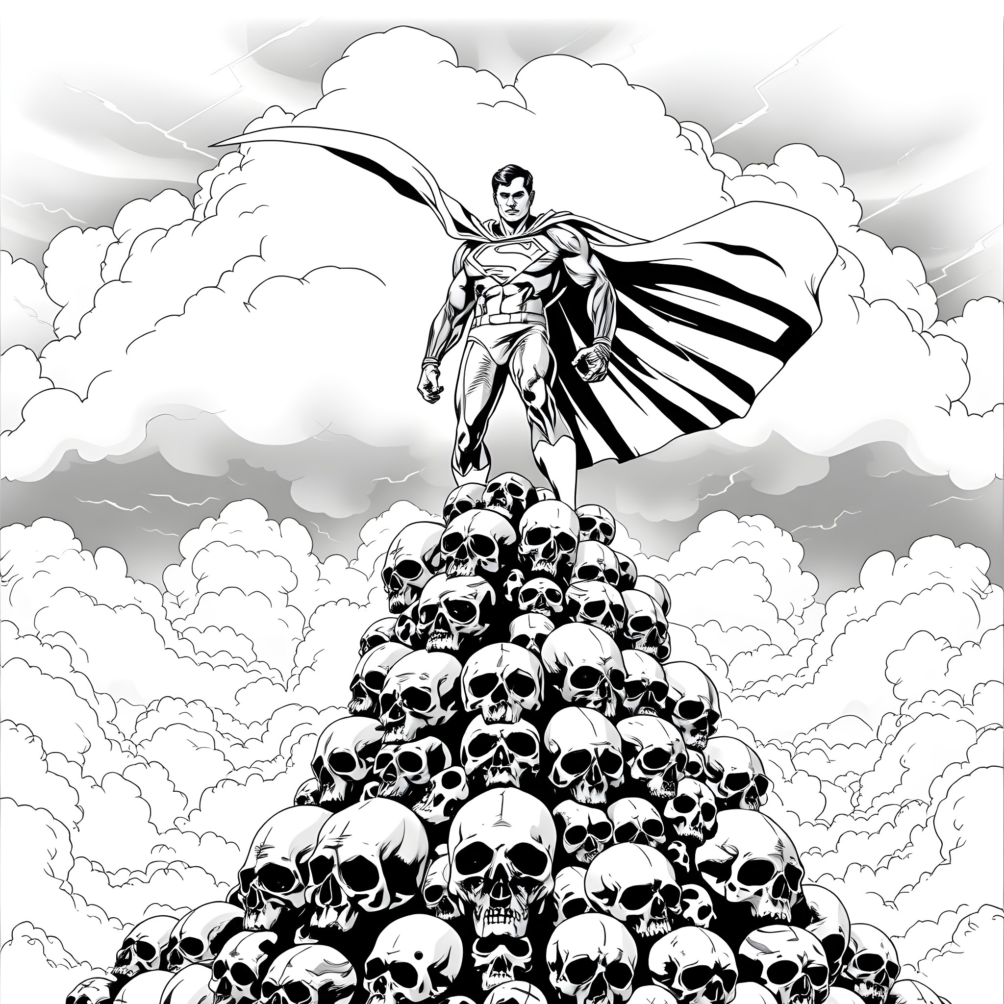 Superman towering over a pile of skulls Coloring Page (free black-and-white line drawing printable PDF for all, from beginners to advanced learners, including children, teens, adults, and seniors)