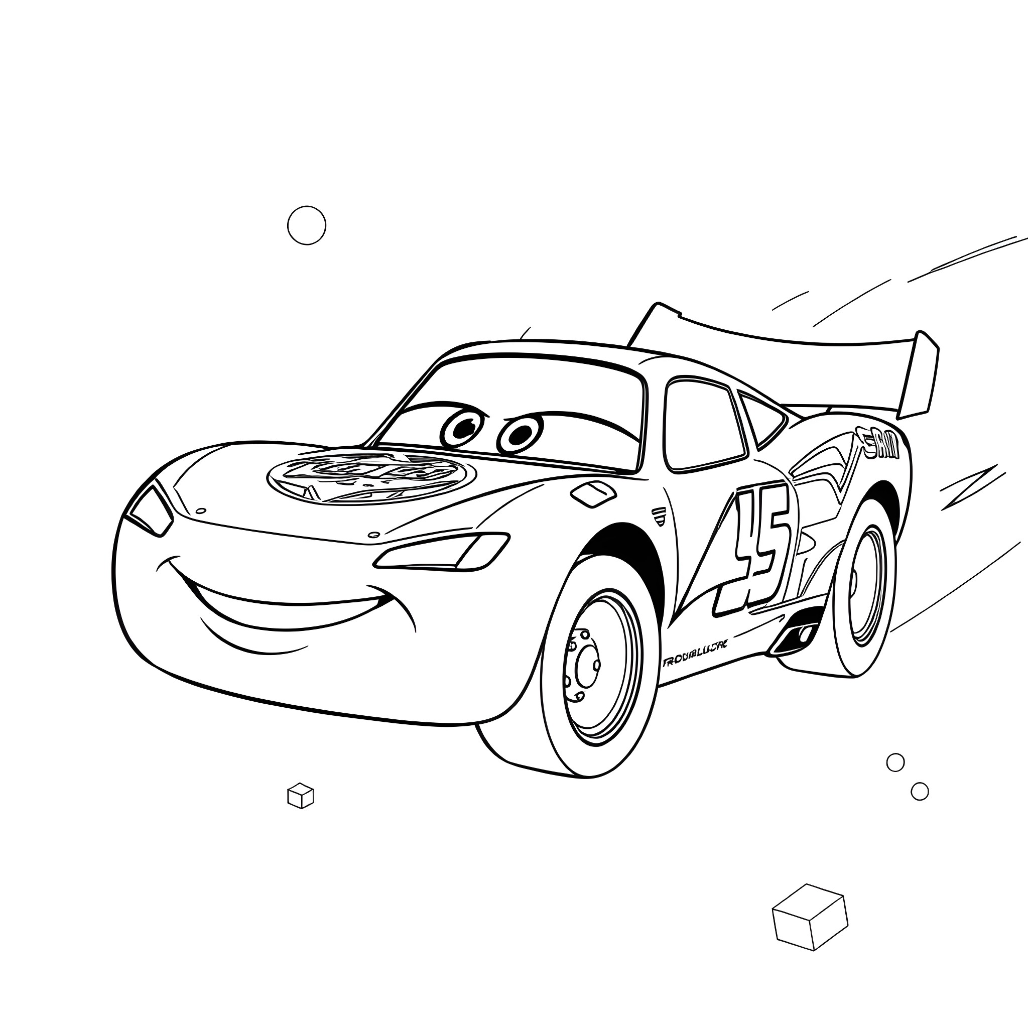Lightning McQueen speeding down the racetrack Coloring Page (free black-and-white line drawing printable PDF for all, from beginners to advanced learners, including children, teens, adults, and seniors)