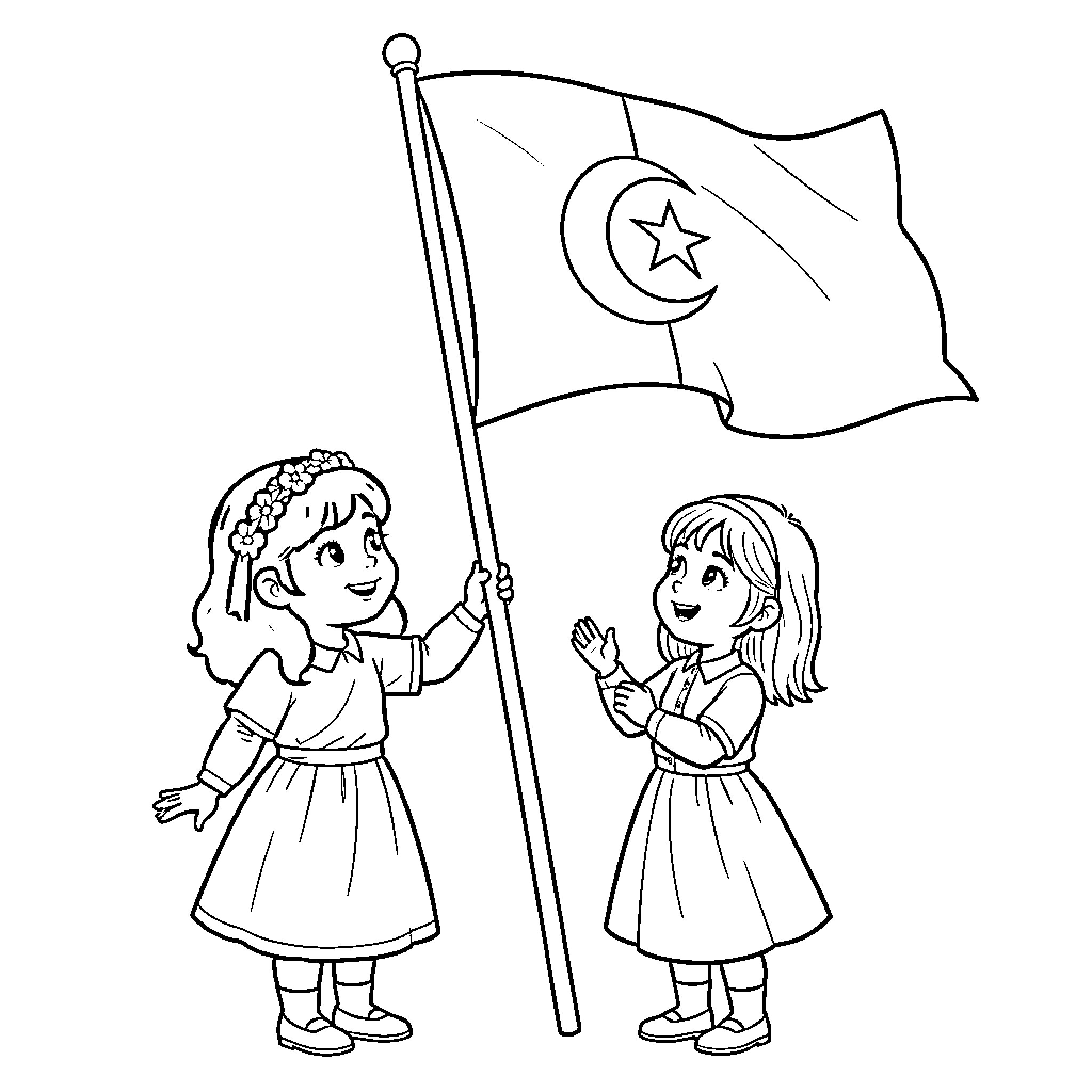 Fille holding a flag while smiling at her friend Coloring Page (free black-and-white line drawing printable PDF for all, from beginners to advanced learners, including children, teens, adults, and seniors)