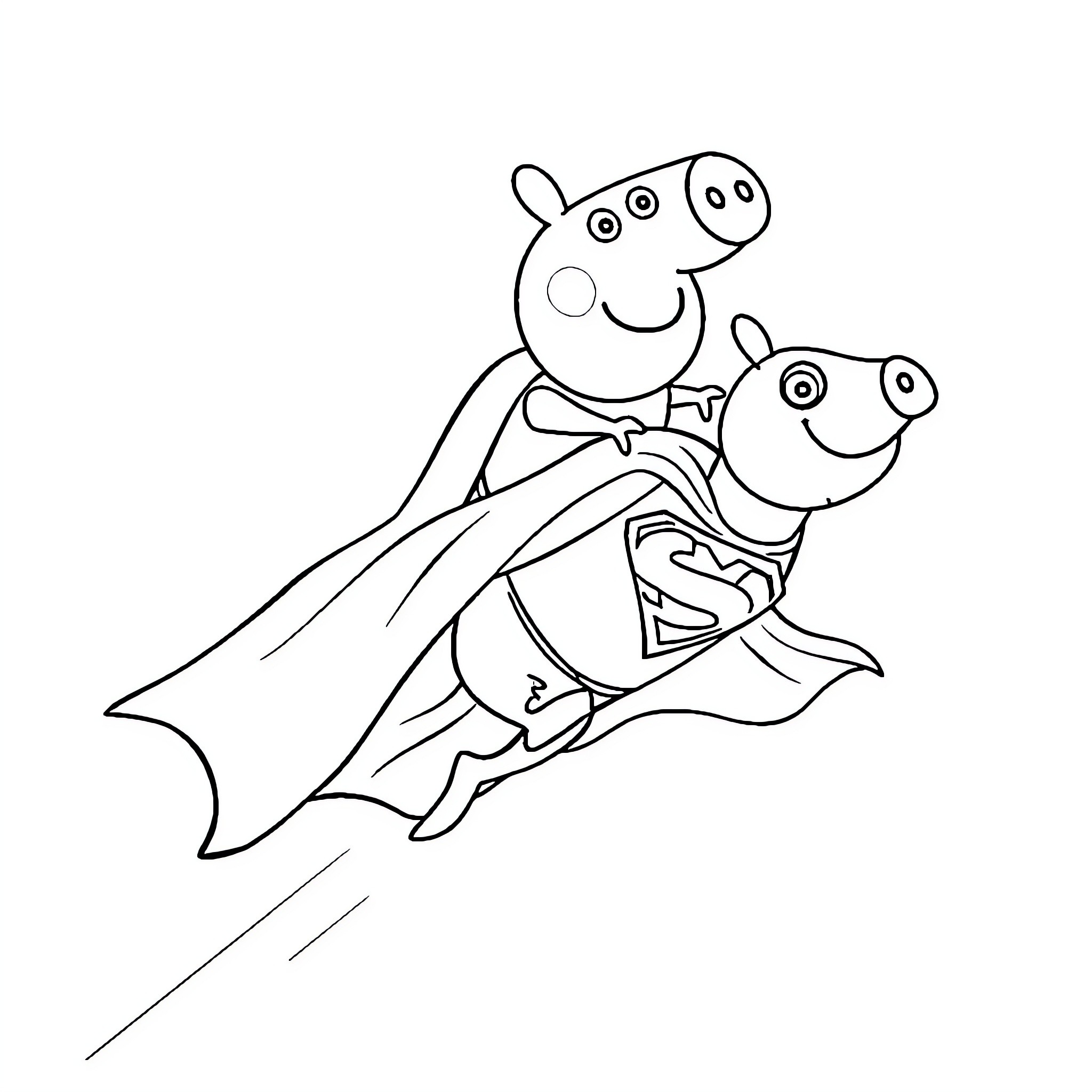 Peppa Pig and George Pig as Superheroes Coloring Page (free black-and-white line drawing printable PDF for all, from beginners to advanced learners, including children, teens, adults, and seniors)