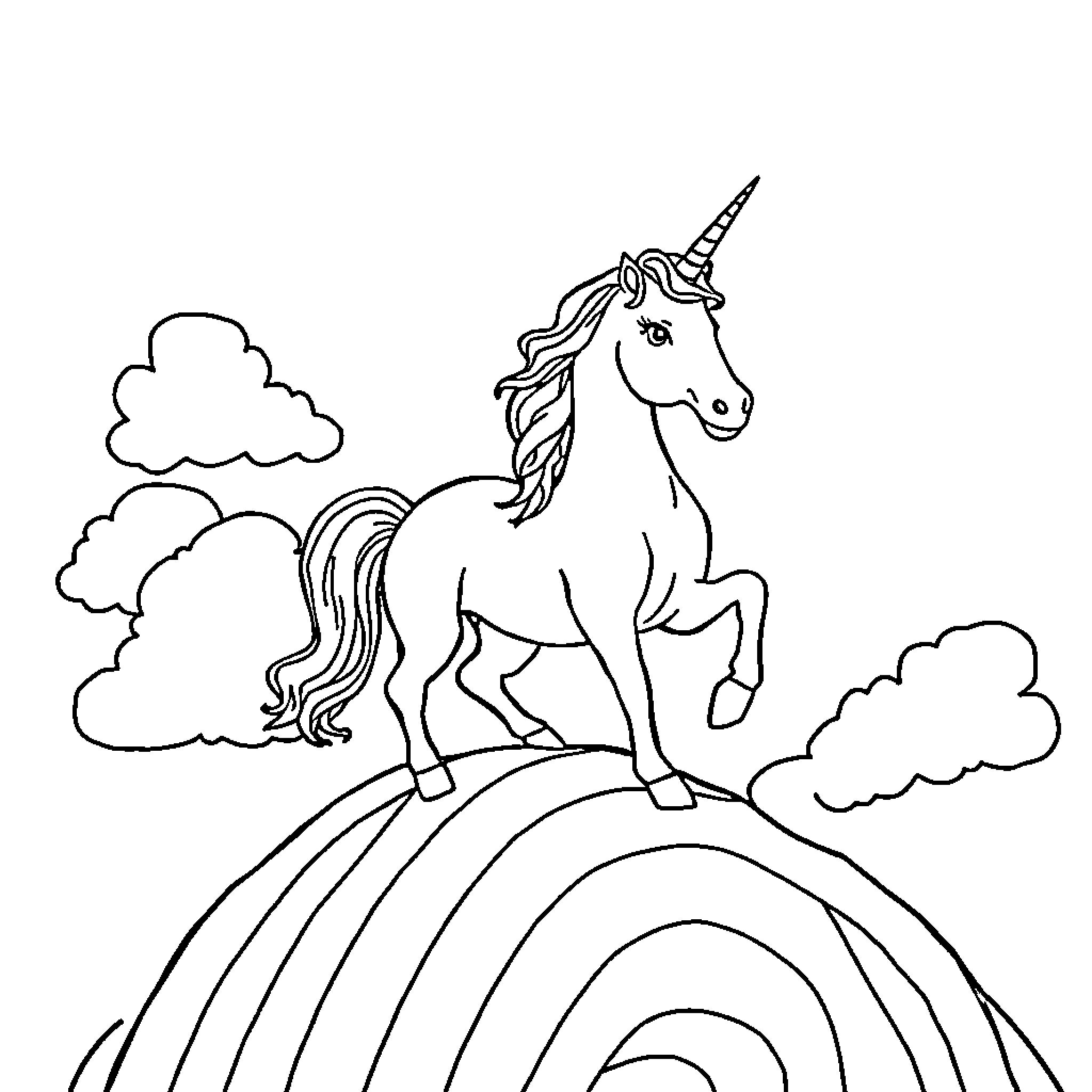 Unicorn standing atop a rainbow-shaped hill Coloring Page (free black-and-white line drawing printable PDF for all, from beginners to advanced learners, including children, teens, adults, and seniors)