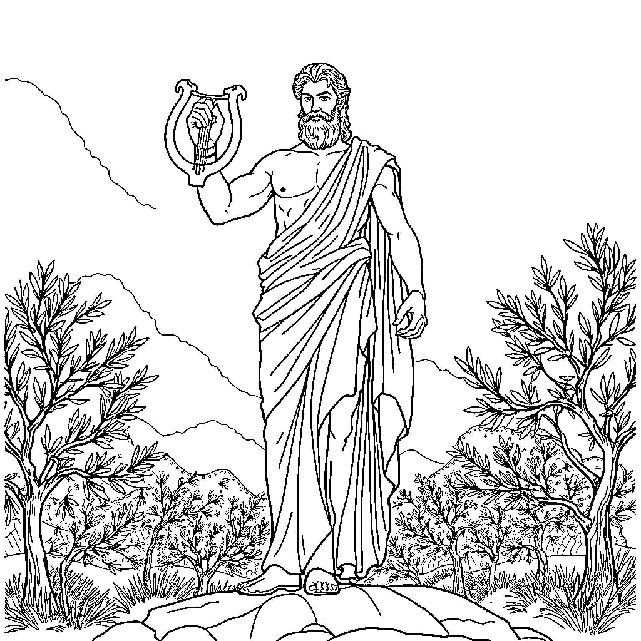 Apollo, the Greek God, standing amidst the nature Coloring Page (free black-and-white line drawing printable PDF for all, from beginners to advanced learners, including children, teens, adults, and seniors)