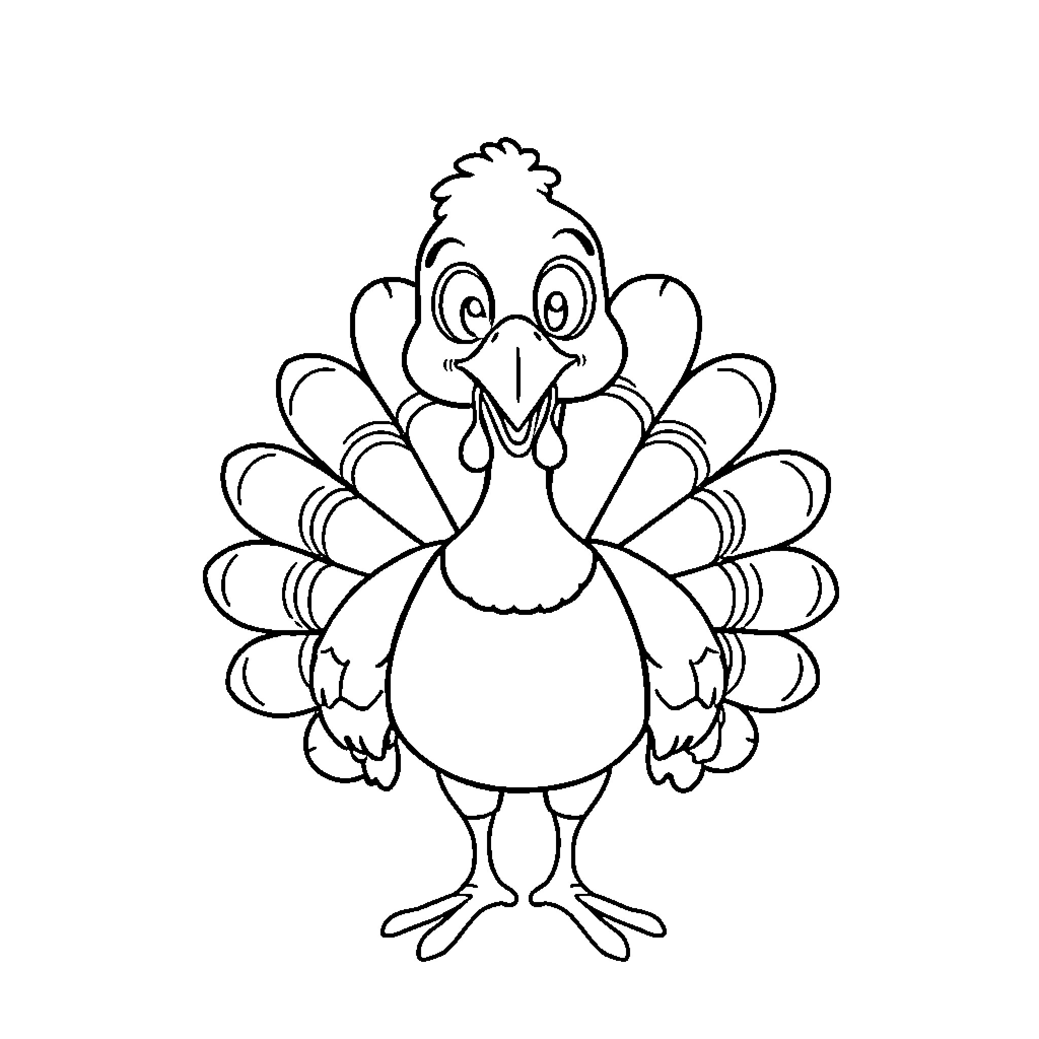 Turkey with happy and expressive appearance Coloring Page (free black-and-white line drawing printable PDF for all, from beginners to advanced learners, including children, teens, adults, and seniors)