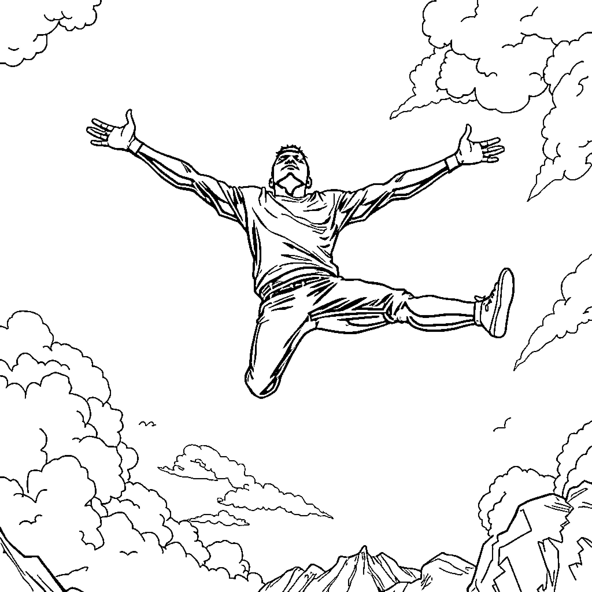 Man jumping joyfully in the clouds Coloring Page (free black-and-white line drawing printable PDF for all, from beginners to advanced learners, including children, teens, adults, and seniors)