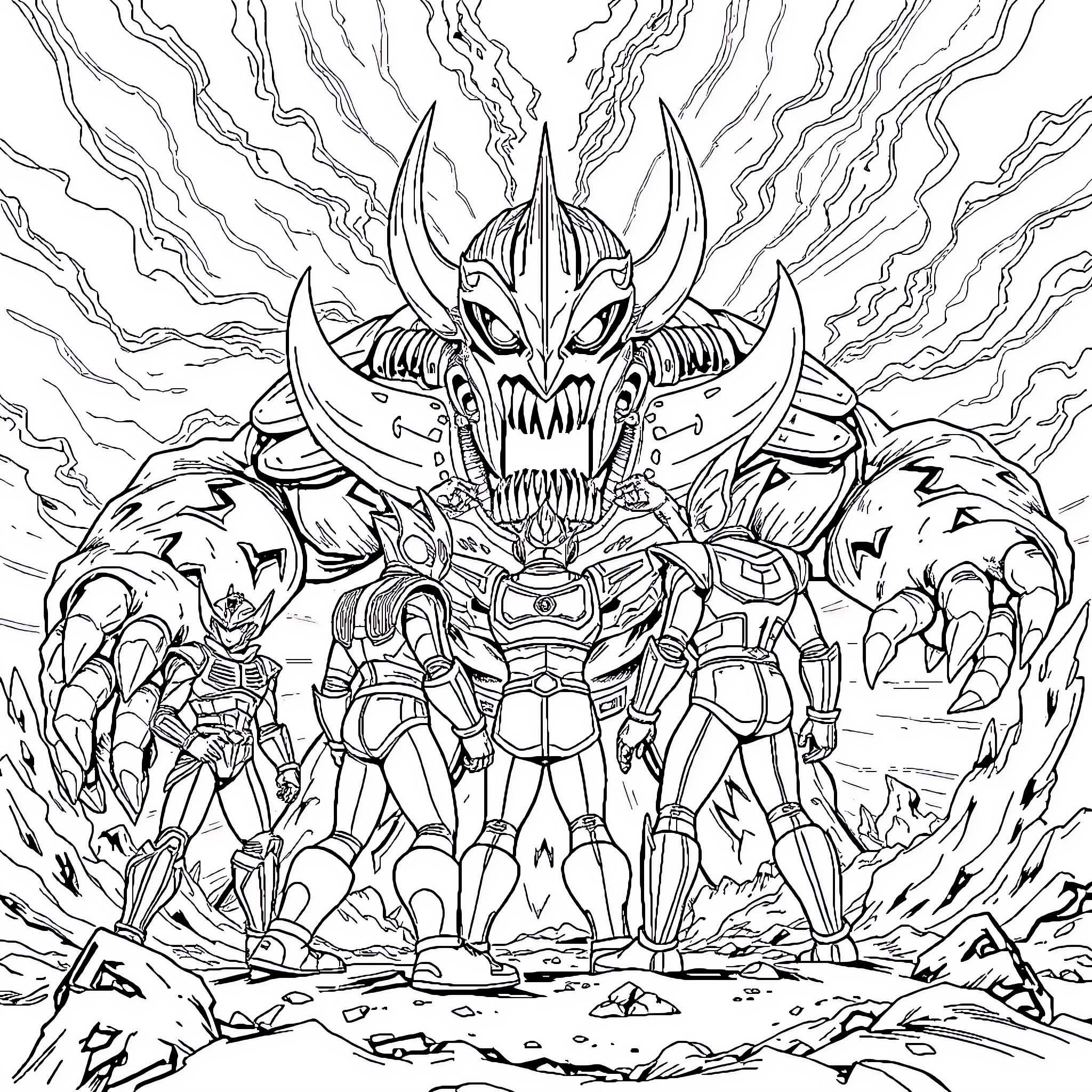 Ultraman facing off against fearsome cosmic foes Coloring Page (free black-and-white line drawing printable PDF for all, from beginners to advanced learners, including children, teens, adults, and seniors)