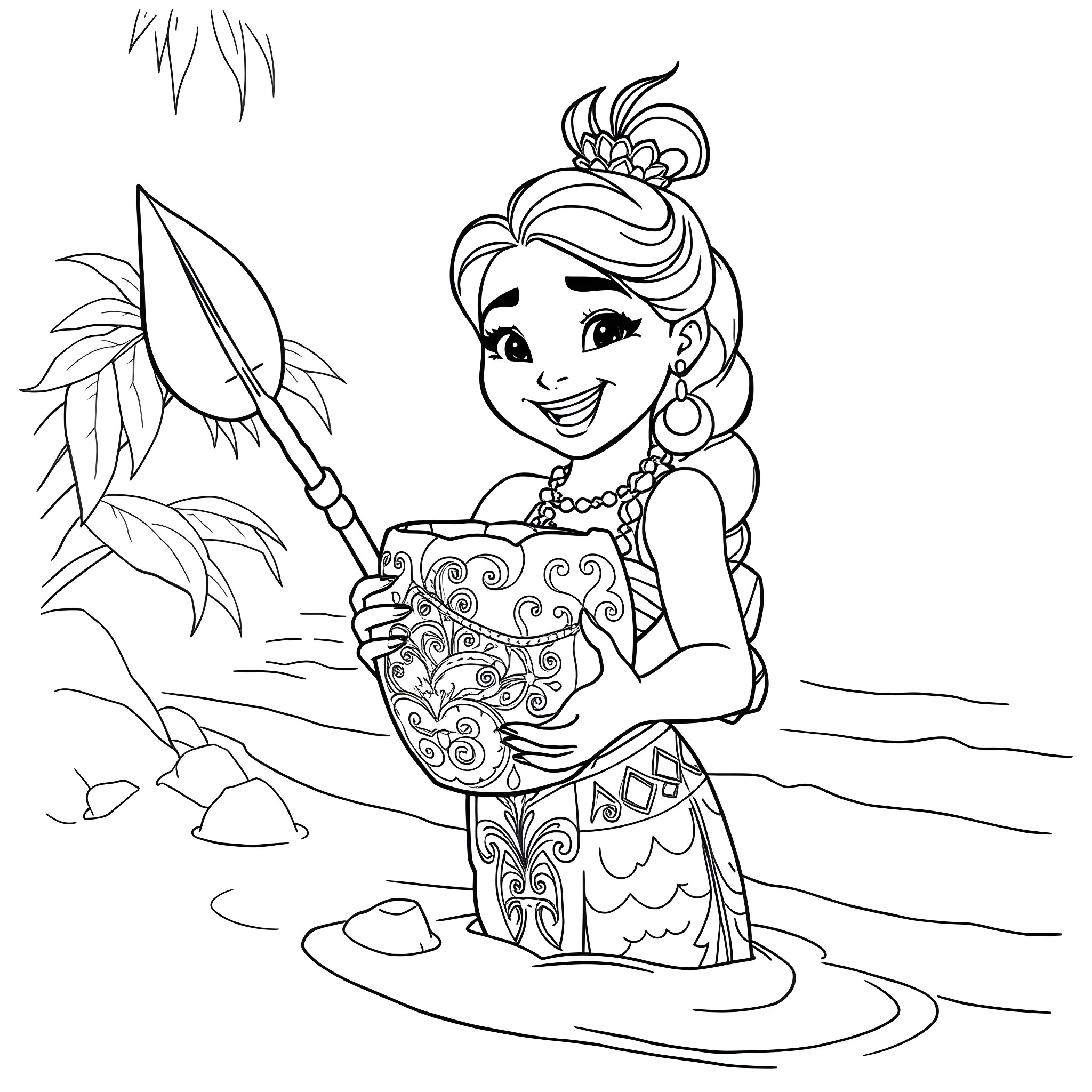 Coconut Maiden Exploring a Tropical Landscape Coloring Page (free black-and-white line drawing printable PDF for all, from beginners to advanced learners, including children, teens, adults, and seniors)
