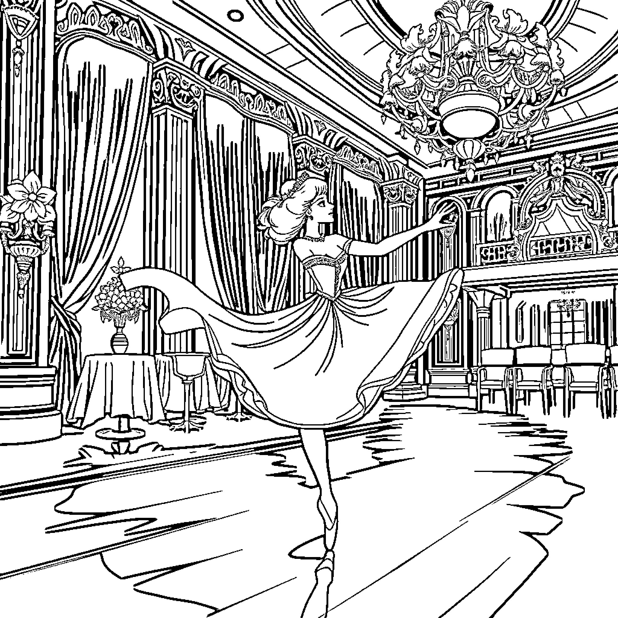 Princess Dancing in Elegant Palace Ballroom Coloring Page (free black-and-white line drawing printable PDF for all, from beginners to advanced learners, including children, teens, adults, and seniors)