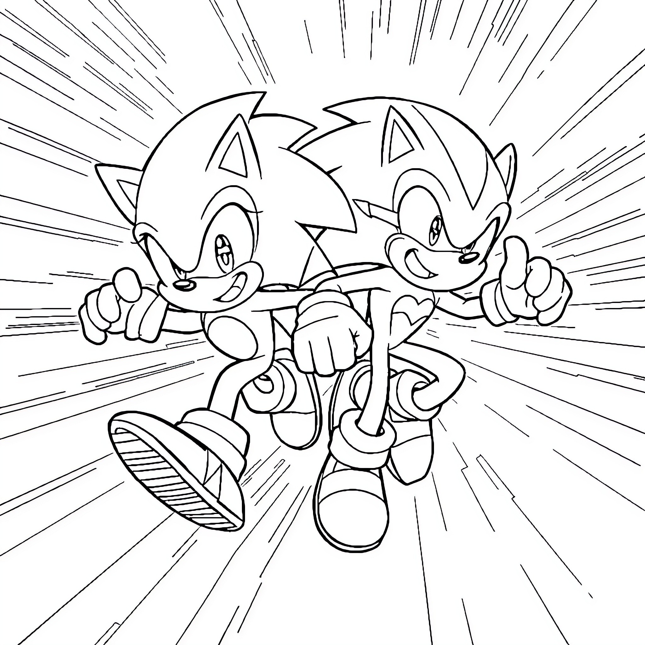 Sonic characters in dynamic action pose Coloring Page (free black-and-white line drawing printable PDF for all, from beginners to advanced learners, including children, teens, adults, and seniors)