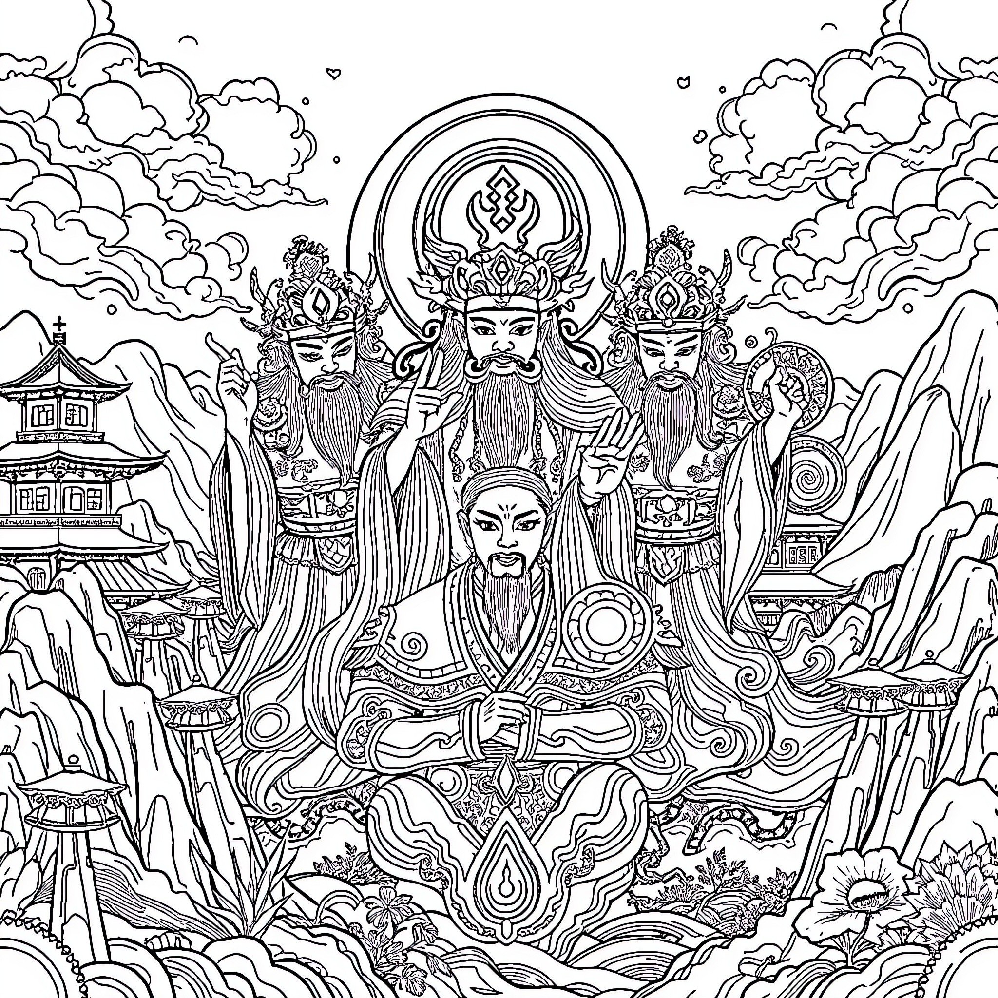 Chinese Deities in Majestic Celestial Scene Coloring Page (free black-and-white line drawing printable PDF for all, from beginners to advanced learners, including children, teens, adults, and seniors)