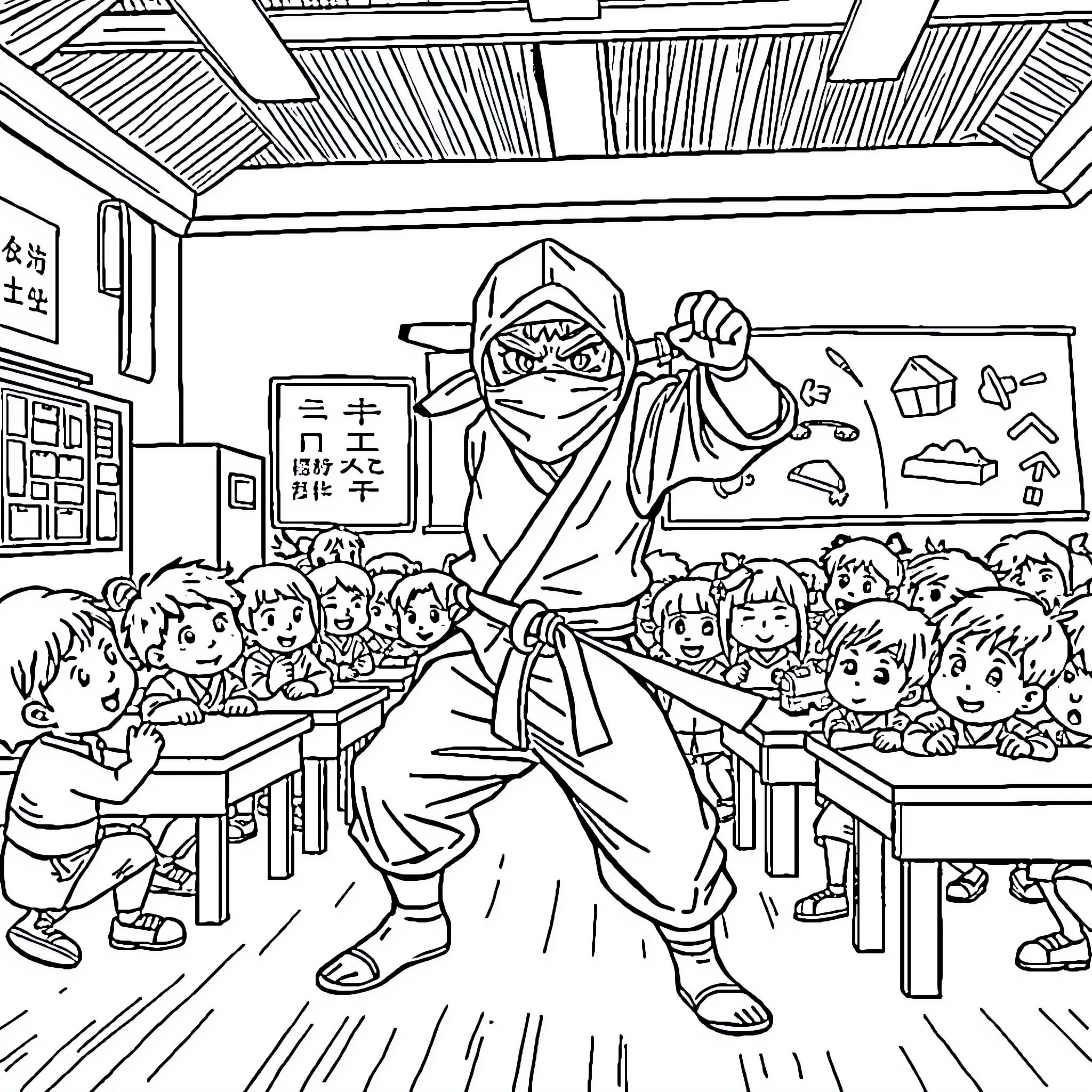 Ninja Warrior Teaching Students in Classroom Coloring Page (free black-and-white line drawing printable PDF for all, from beginners to advanced learners, including children, teens, adults, and seniors)
