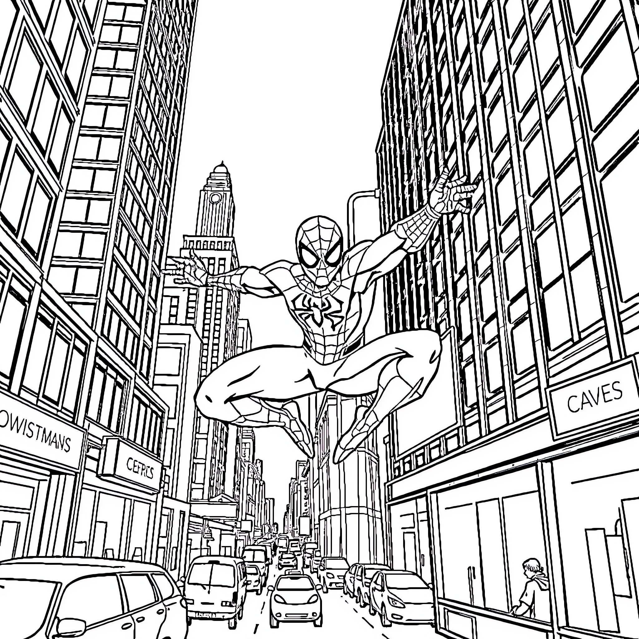 Spiderman swinging through the bustling city streets Coloring Page (free black-and-white line drawing printable PDF for all, from beginners to advanced learners, including children, teens, adults, and seniors)