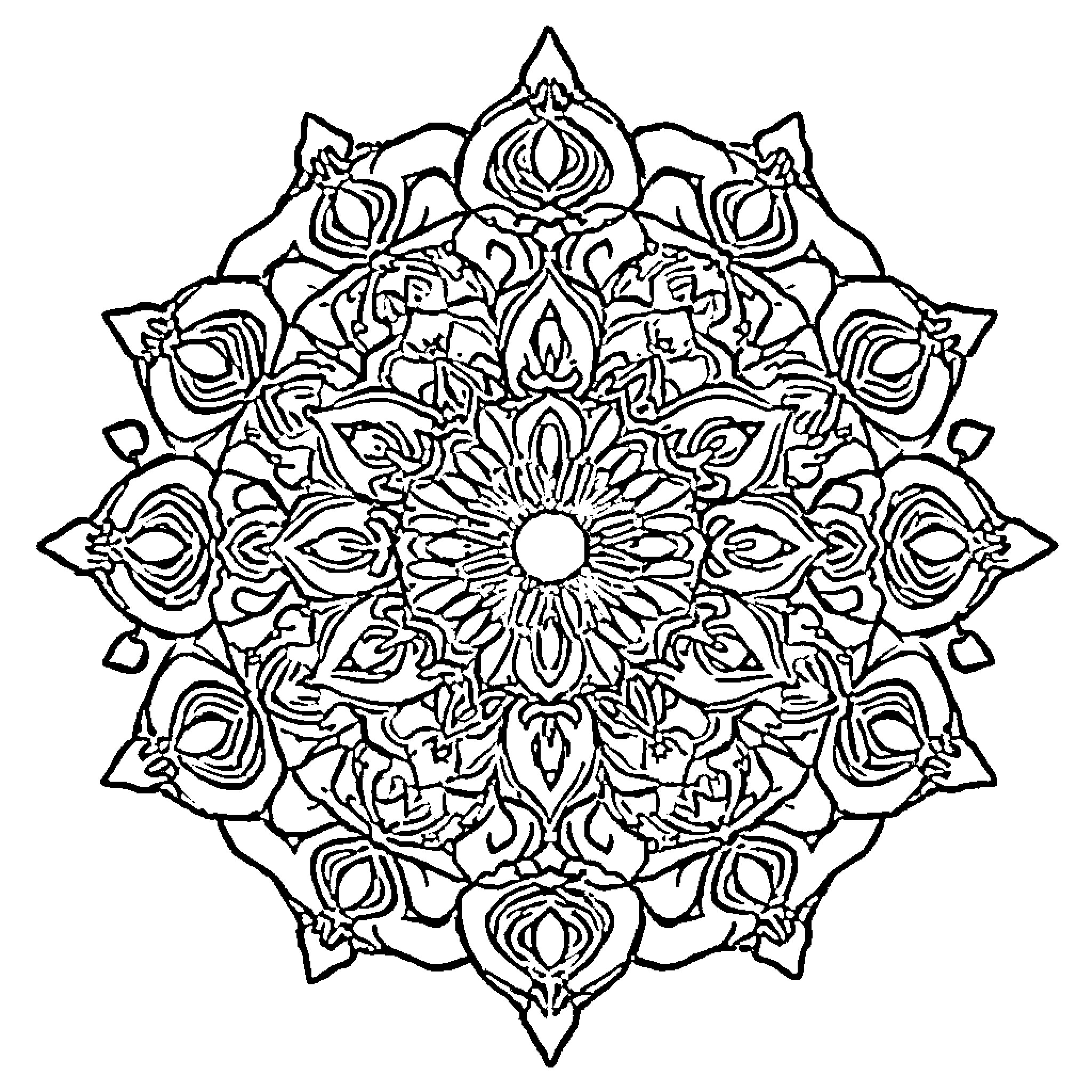 Mandala of intricate floral patterns Coloring Page (free black-and-white line drawing printable PDF for all, from beginners to advanced learners, including children, teens, adults, and seniors)