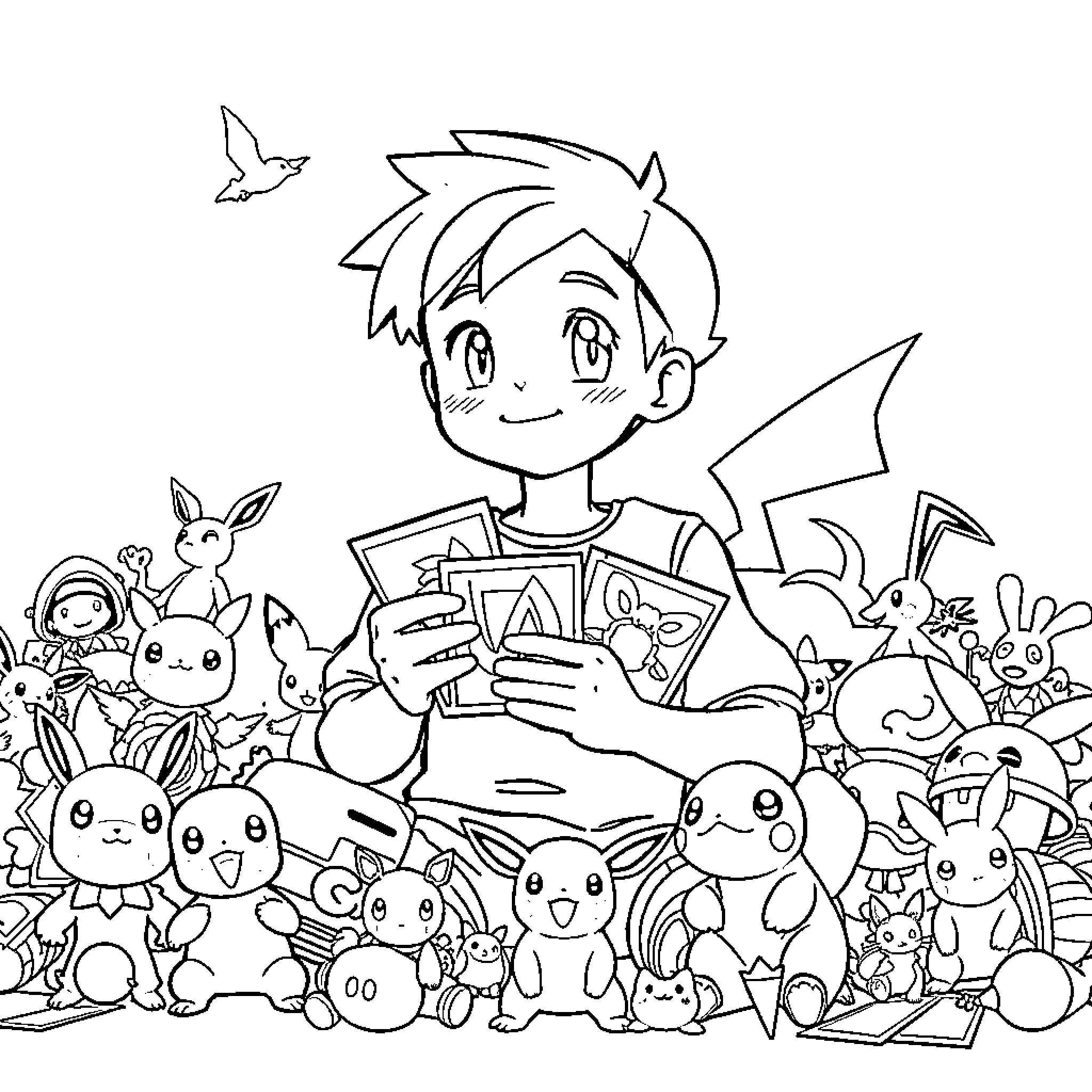 Boy surrounded by joyful cartoon creatures Coloring Page (free black-and-white line drawing printable PDF for all, from beginners to advanced learners, including children, teens, adults, and seniors)