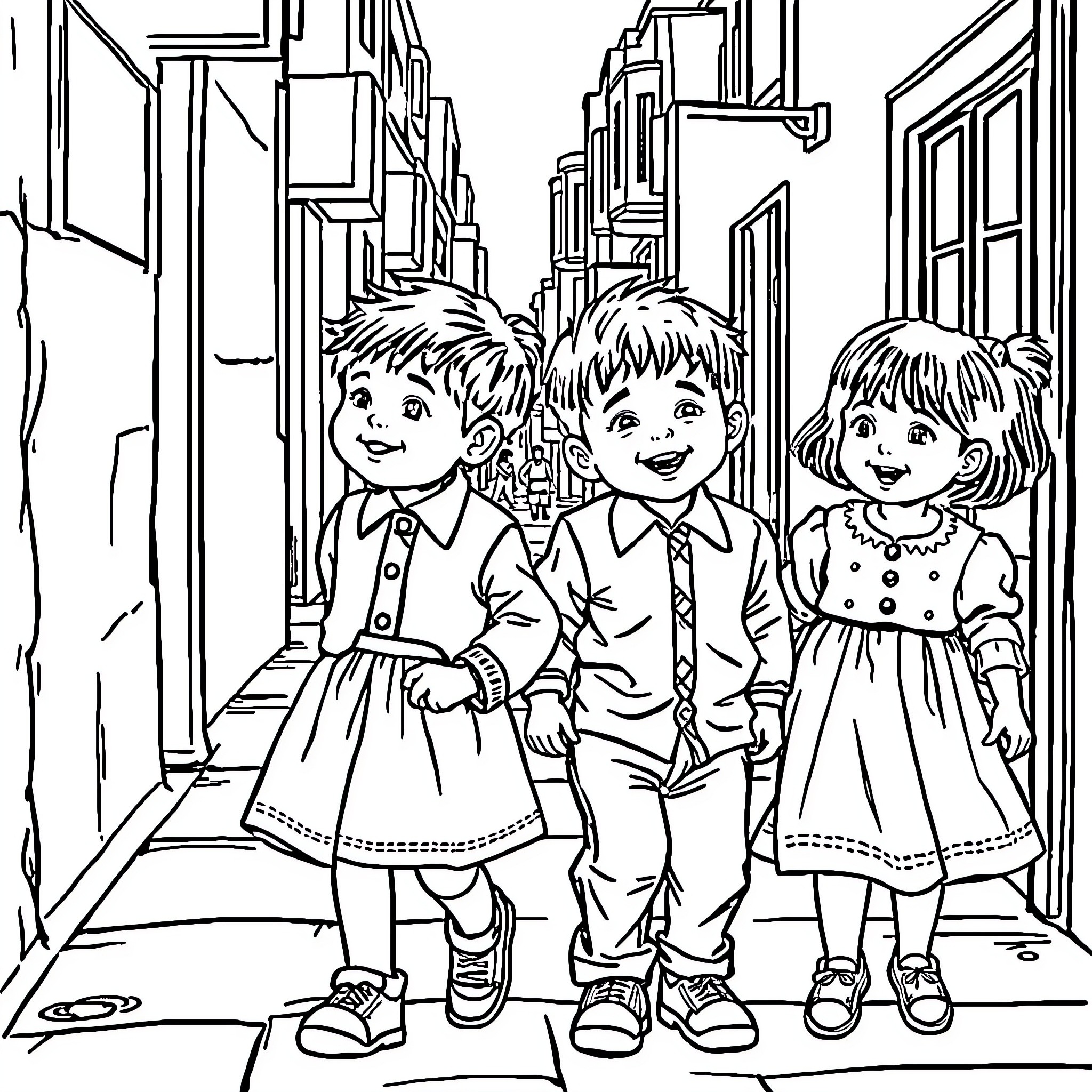Children enjoying a walk in the city Coloring Page (free black-and-white line drawing printable PDF for all, from beginners to advanced learners, including children, teens, adults, and seniors)