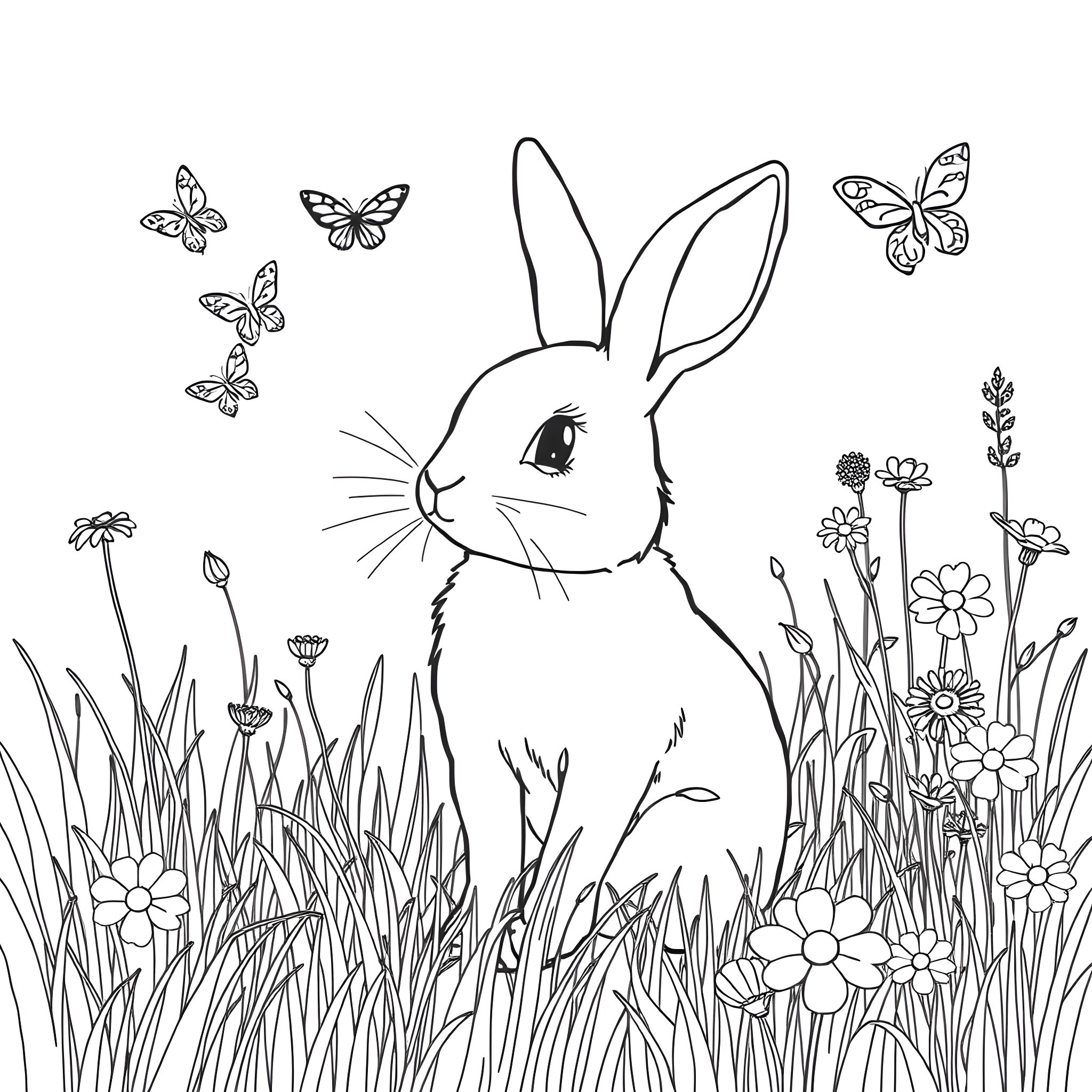 Rabbit frolicking in a field of flowers Coloring Page (free black-and-white line drawing printable PDF for all, from beginners to advanced learners, including children, teens, adults, and seniors)
