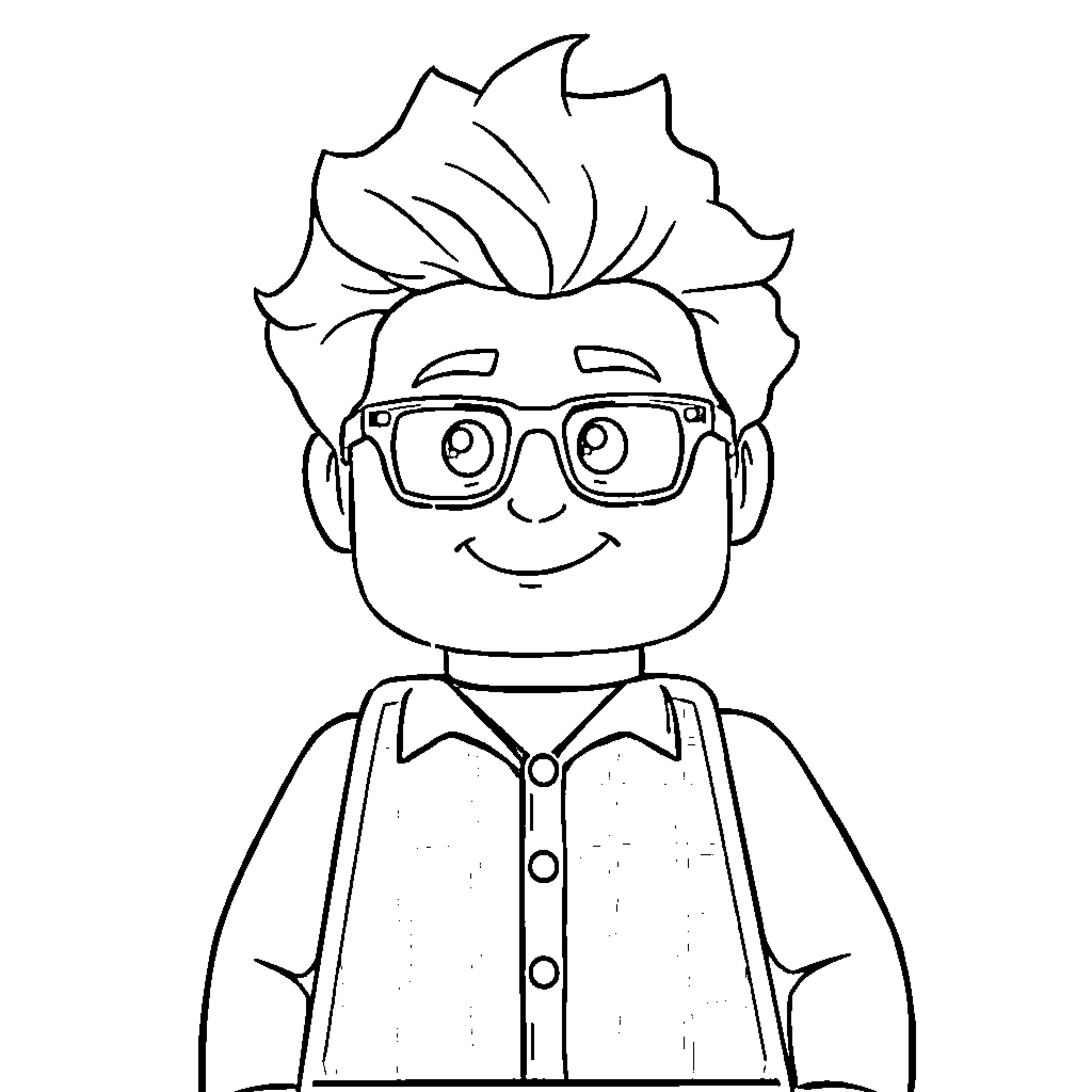 Lego Man with Eyeglasses and Goofy Expression Coloring Page (free black-and-white line drawing printable PDF for all, from beginners to advanced learners, including children, teens, adults, and seniors)