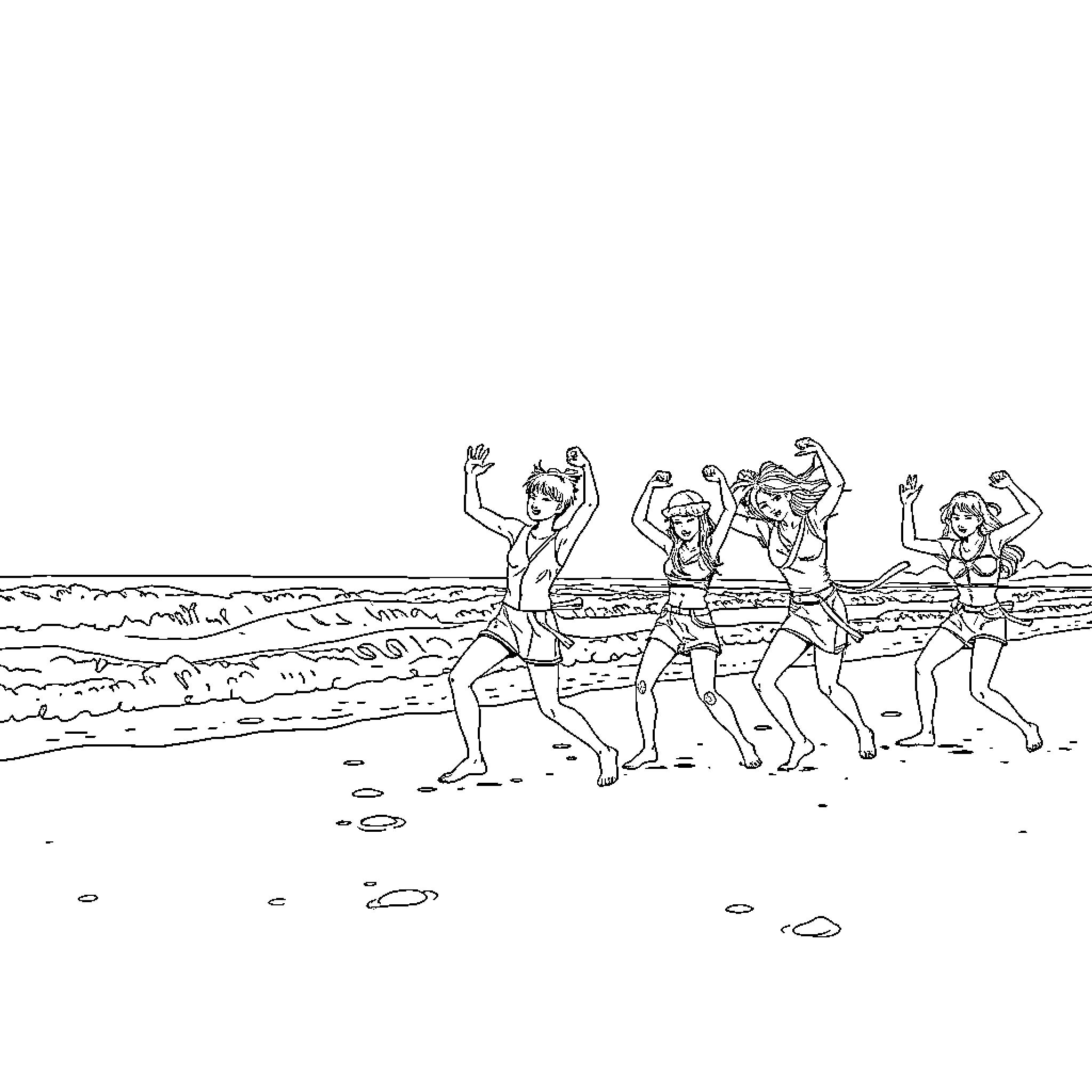 K Pop Warrior Dancers Performing on the Beach Coloring Page (free black-and-white line drawing printable PDF for all, from beginners to advanced learners, including children, teens, adults, and seniors)